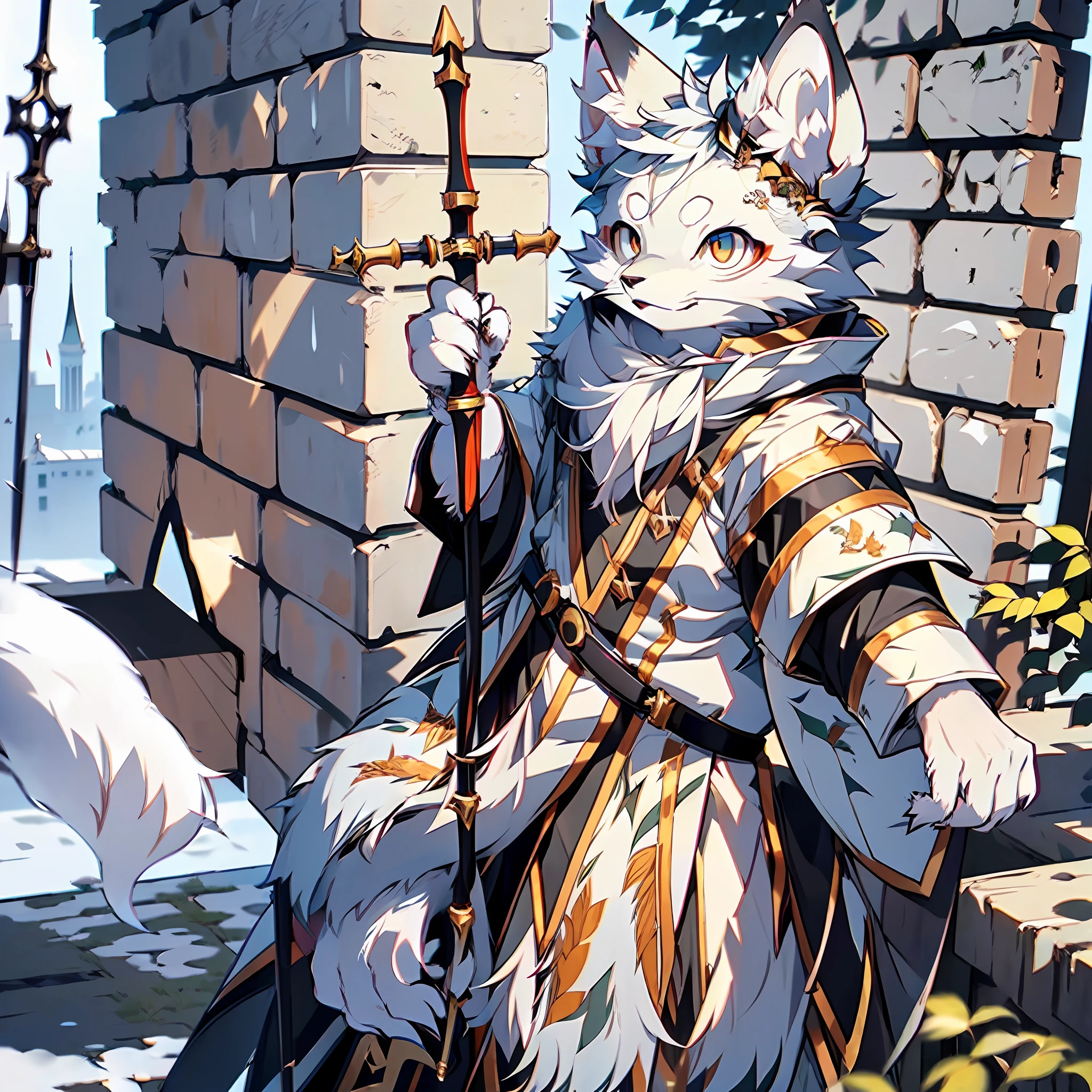 (Best Quality), (Masterpiece), ((Single 1.5)), (Ultra Detailed), (Furry), Full Body Furry, Furry, (Male Arctic Fox: 1.5), (Grey Skin: 1.3), (Fluffy Tail: 1.2), Character Focus, (Golden Eyes), (Canine Paws), (Grey Ears), Sharp Focus, (Furry Feeling of Animal Ears), Standing on the Wall of a Medieval Castle, Holding a Bow, Archer Style, Medieval Style, Bow and Arrow, ((Serious Expression)) ,((cold))