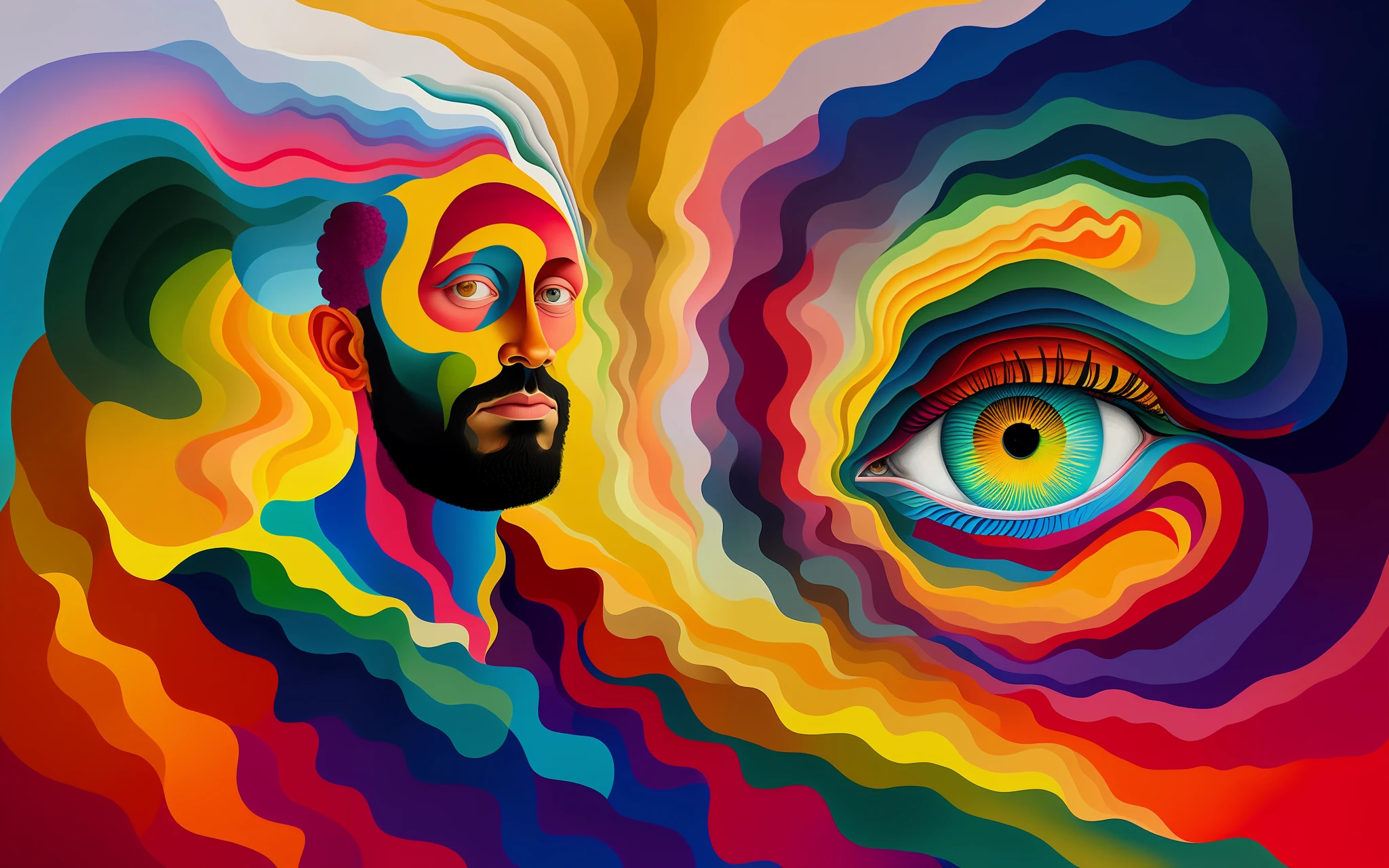 surreal gouache portrait painting of a man opening the fabric of creation, vivid colors