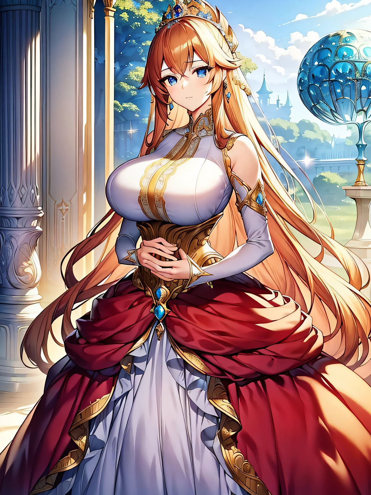 ((anime moe artstyle)),(Masterpiece),(Best Quality), (Super Detail),Illustration,((Very Delicate and Beautiful)),Focus on character,Dynamic Angle,Looking at viewer,(((Solo))),((Full body)),(((one gorgeous princess in ball gown with a voluminous skirt))),detailed face and eyes,jewel-like eyes,(Very Long Hair),gorgeous embroidery and lace,See-through,ornate ruffles,(gigantic breasts,Long breasts),jeweled ball gown,(gorgeous ball gown with a voluminous skirt),