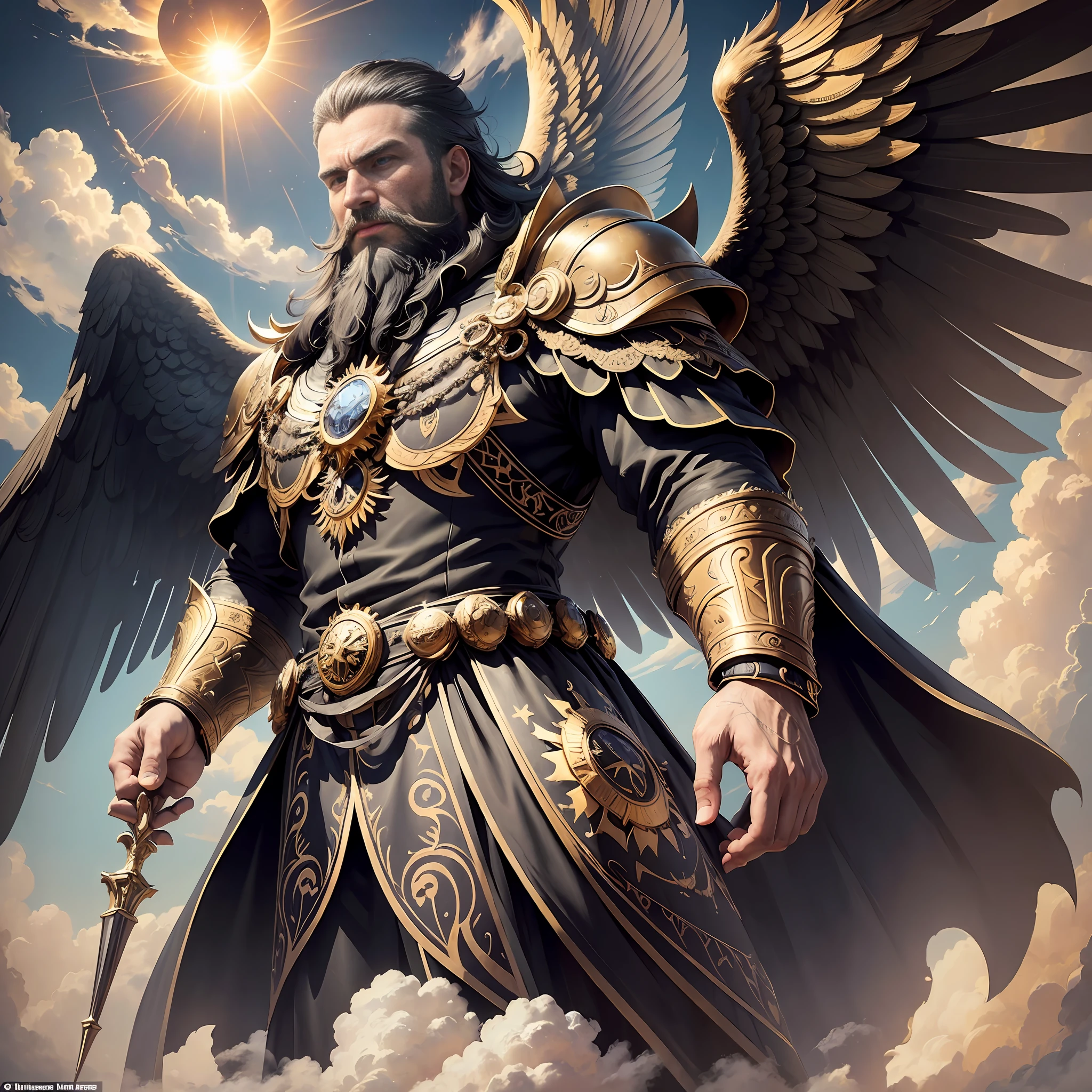 (Masterpiece, best quality: 1.3), (clear focus, rich details), a mighty man dressed in black and gold, with wings and a beard, standing against the background of the sky, flying over the clouds, (shot from the front, looking below), (The sun is high above) --auto --s2