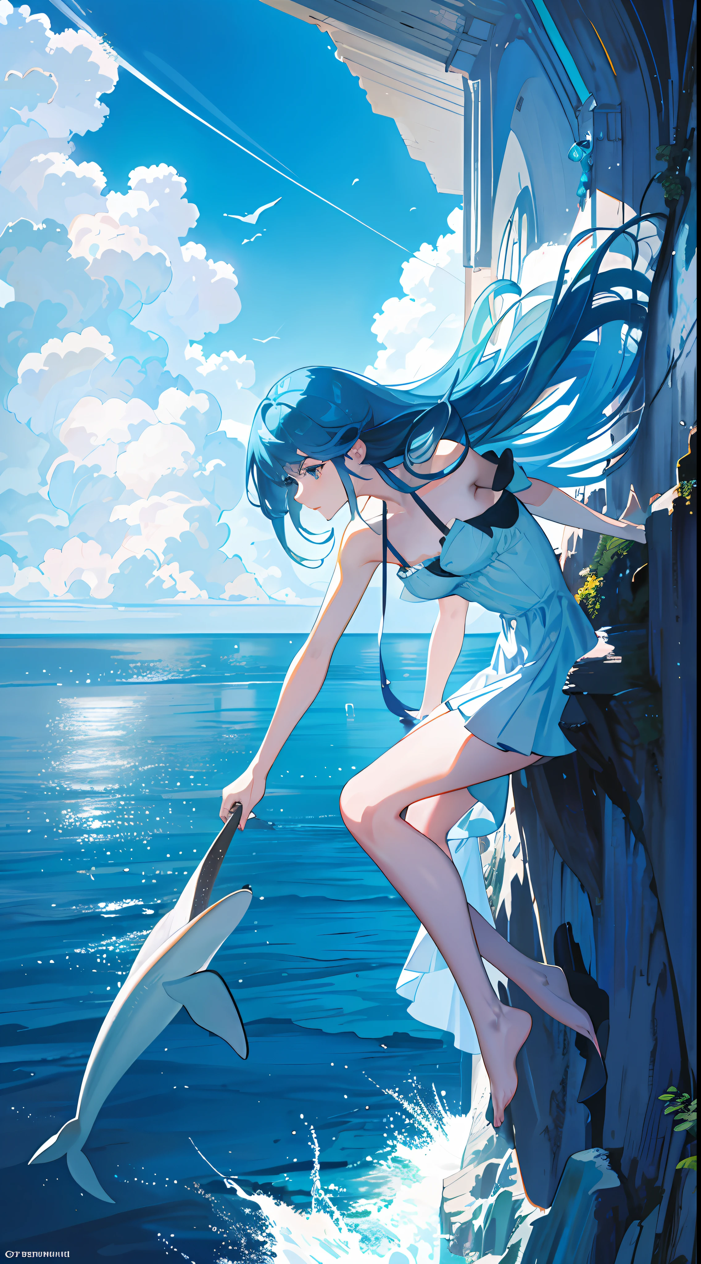 Super detailed CG desktop wallpaper, excellent picture quality, dolphin and 1 blue-haired beautiful girl floating under the hazy feet, the dark blue tone of the ocean ween the water and light extends to the edge of the area, and the powerful whale enters and exits in the corner, constituting a feast of life.