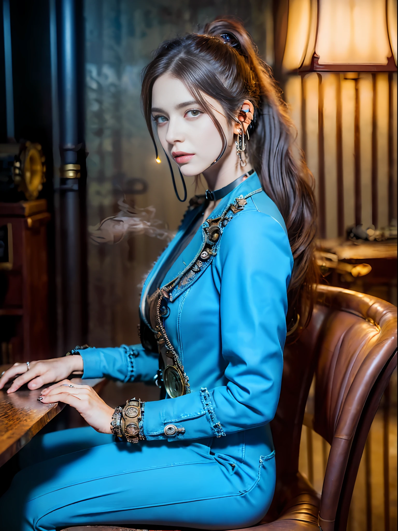 (8K, best quality:1.2), (masterpiece:1.37), (photo, photorealistic:1.37), (ultrahigh-res), full body, sitting on a chair, shot from side, profile, slow motion, female steampunk engineer, (wearing a gray jumpsuit with steampunk details:1.2),(ornately decorated intercom headset:1.3), (ornately decorated choker), (insanely detailed steampunk, bloom:1.5), (highest quality, Alessandro Casagrande, Greg Rutkowski, Sally Mann, concept art, 4k), (analog:1.2), (high sharpness), (detailed pupils:1.1), detailed face and green eyes, Masterpiece, best quality, (highly detailed photo:1.1), (long ginger Hair, ponytail,ecstatic:1.1), (young woman:1.1), sharp, (perfect body:1.1), realistic, real shadow, 3d, (steampunk workshop interior filled with steam and smoke background:1.2), photographed by Canan EOS R6, 135mm, 1/1250s, f/2.8, ISO 400