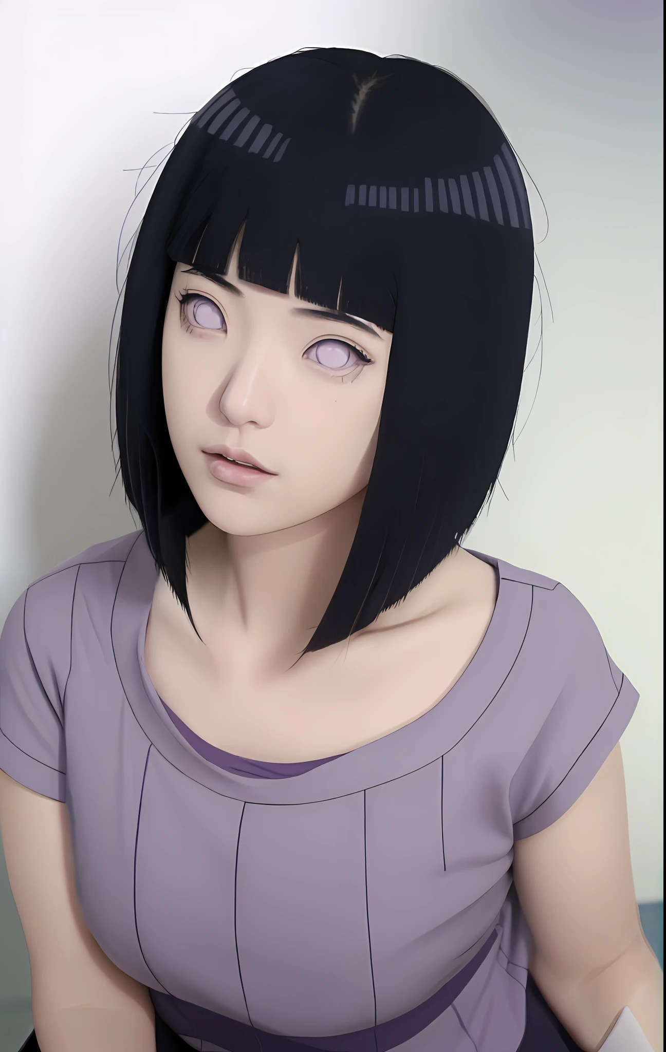 a girl with long blue hair and a gray shirt, hinata hyuga, hinata hyuga from naruto, she has black hair with blunt bangs, flat anime style shading, with long dark hair, from naruto, blunt bangs, purple eyes, pink lips