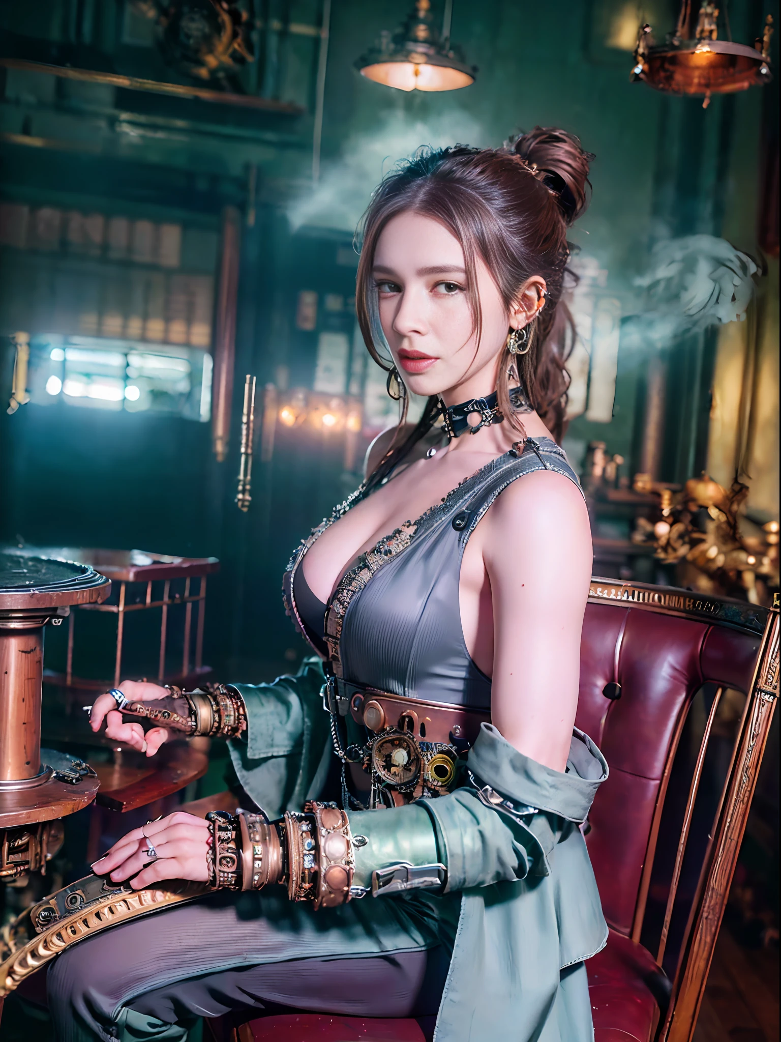 (8K, best quality:1.2), (masterpiece:1.37), (photo, photorealistic:1.37), (ultrahigh-res), full body, sitting on a chair, shot from side, profile, slow motion, female steampunk engineer, (wearing a gray jumpsuit with steampunk details:1.2),(ornately decorated intercom headset:1.3), (ornately decorated choker), (insanely detailed steampunk, bloom:1.5), (highest quality, Alessandro Casagrande, Greg Rutkowski, Sally Mann, concept art, 4k), (analog:1.2), (high sharpness), (detailed pupils:1.1), detailed face and green eyes, Masterpiece, best quality, (highly detailed photo:1.1), (long ginger Hair, ponytail,ecstatic:1.1), (young woman:1.1), sharp, (perfect body:1.1), realistic, real shadow, 3d, (steampunk workshop interior filled with steam and smoke background:1.2), photographed by Canan EOS R6, 135mm, 1/1250s, f/2.8, ISO 400