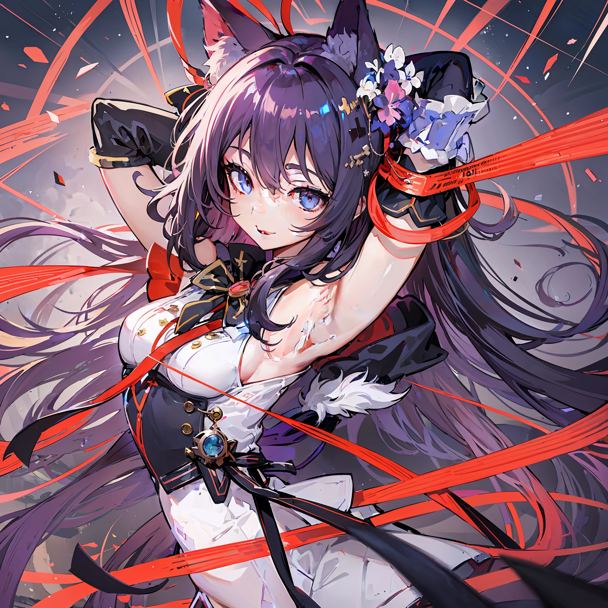 ((Best Quality, 8K)) Anime Girl with Long Hair and Cat Ears, Rin Tosaka, Anime Moe Art Style, Anime Style Like Fate/stay night, Long Hair Anime Girl, Very Cute Anime Girl Face, Nightcore, From Girl Frontline, Cute Anime Girl Portrait, Anime Girl with Cat Ears, High Quality Anime Art Style, Beautiful anime woman red ribbon in hair smile gorgeous dress beautiful armpits beautiful abs