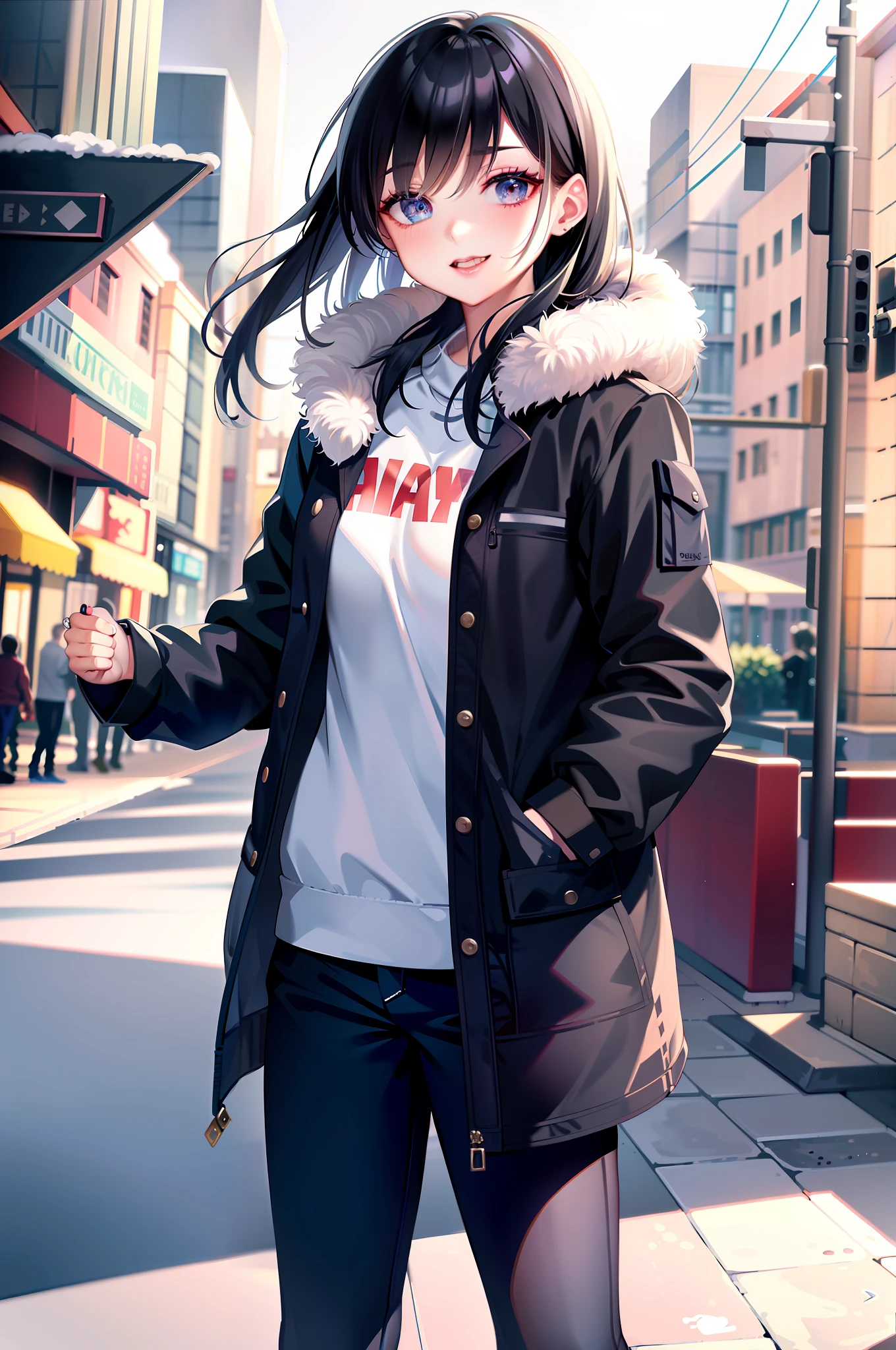 anime - style image of a woman in a black jacket and white t - shirt, black haired girl wearing hoodie, kantai collection style, realistic anime artstyle, realistic anime 3 d style, smooth anime cg art, anime visual of a cute girl, urban girl fanart, artwork in the style of guweiz, anime moe artstyle, realistic anime art style