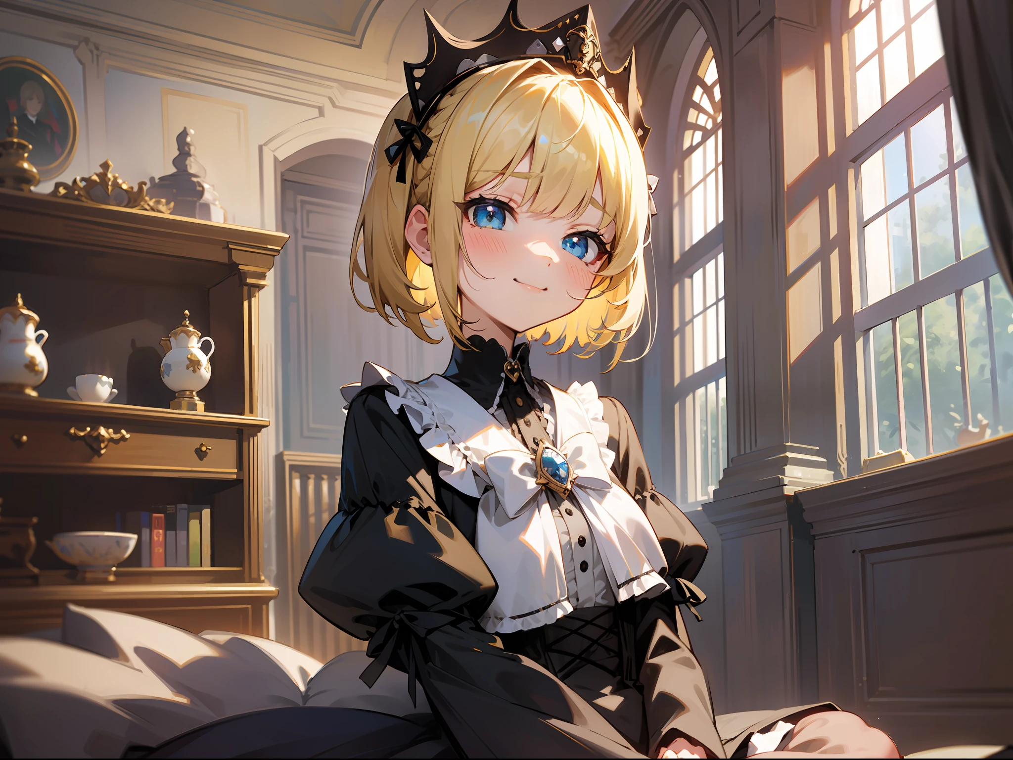 Prompt: 8k resolution, delicate facial features, , single, heterochromic pupils, arrogance, teasing smile, blonde hair, princess cut, bow hair accessories, brooches, mini crowns, black dress, Lolityle, Gothic style, barefoot, sitting, hands folded, facing the viewer, otaku room, female imp, short hair, upper body, straight face,