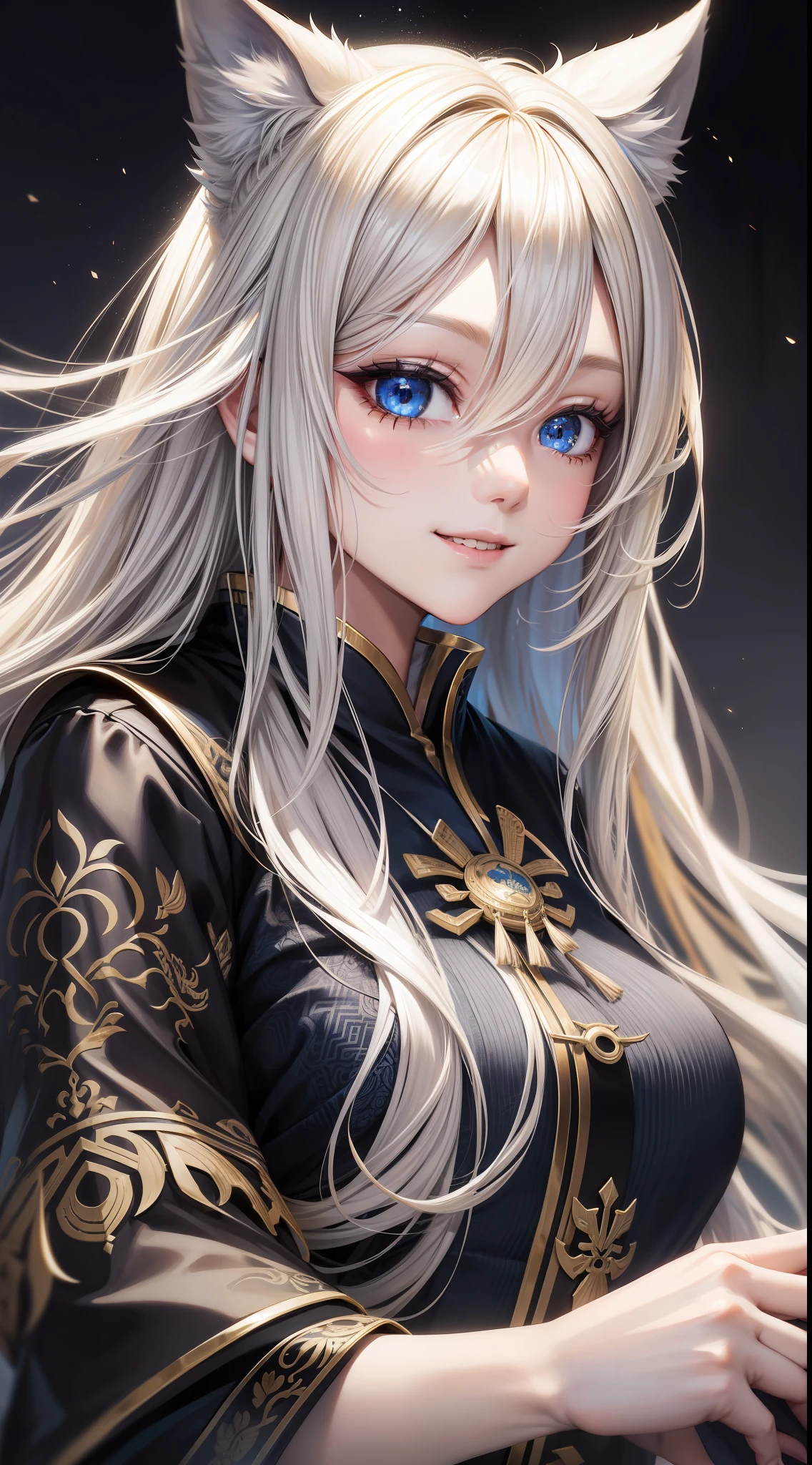 Adult girl, long blonde hair with white strands, blue eyes, wolf ears, black Chinese clothes, smile, masterpiece, high quality