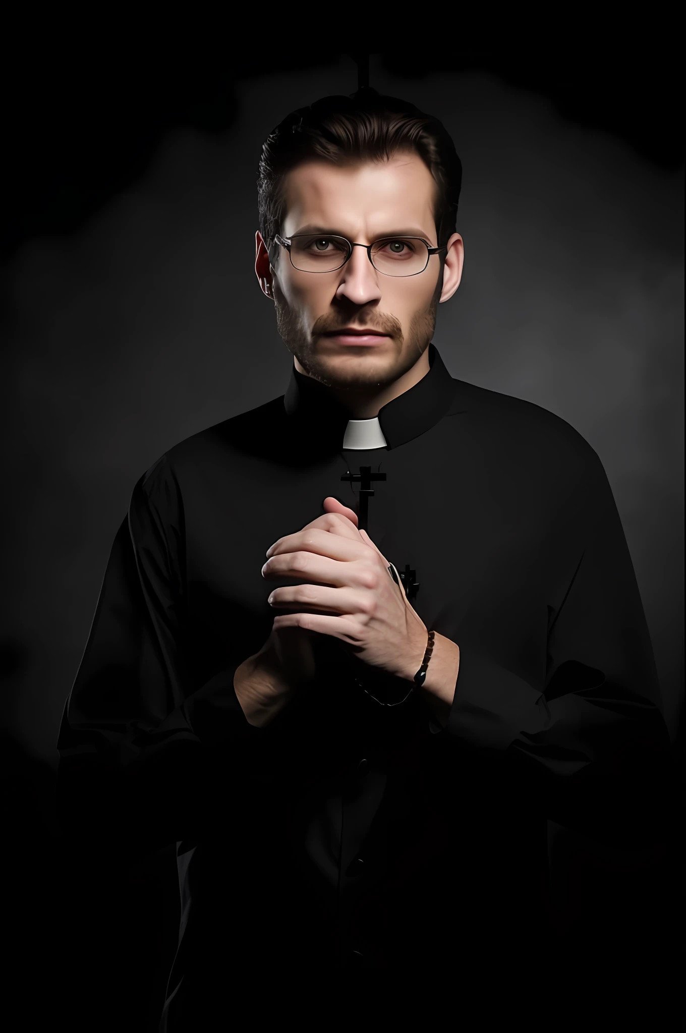 arafed man in a black shirt and tie with a cross on his chest, an evil catholic priest, radoslav svrzikapa, kacper niepokolczycki, nikolay georgiev, inspired by Mikoláš Aleš, picture of a male cleric, mariusz lewandowski, alexey gurylev