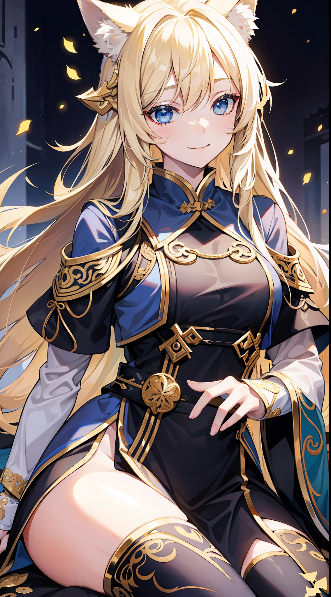 Adult girl, long blonde hair with white strands, blue eyes, wolf ears, black Chinese clothes, smile, masterpiece, high quality