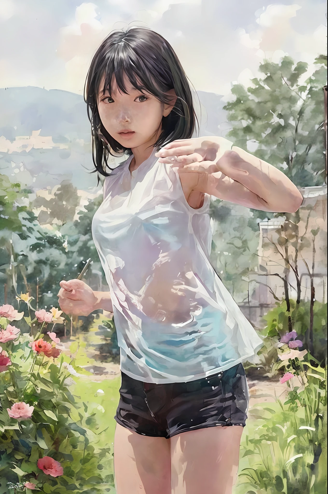 clear sharp focus,{ 1girl standing },((chinese style )),(an asian young woman in a swimsuit poses for a photo, 1girl, solo, armpits, looking at viewer, realistic, scrunchie,underwear,bikini,loli,infant,navel