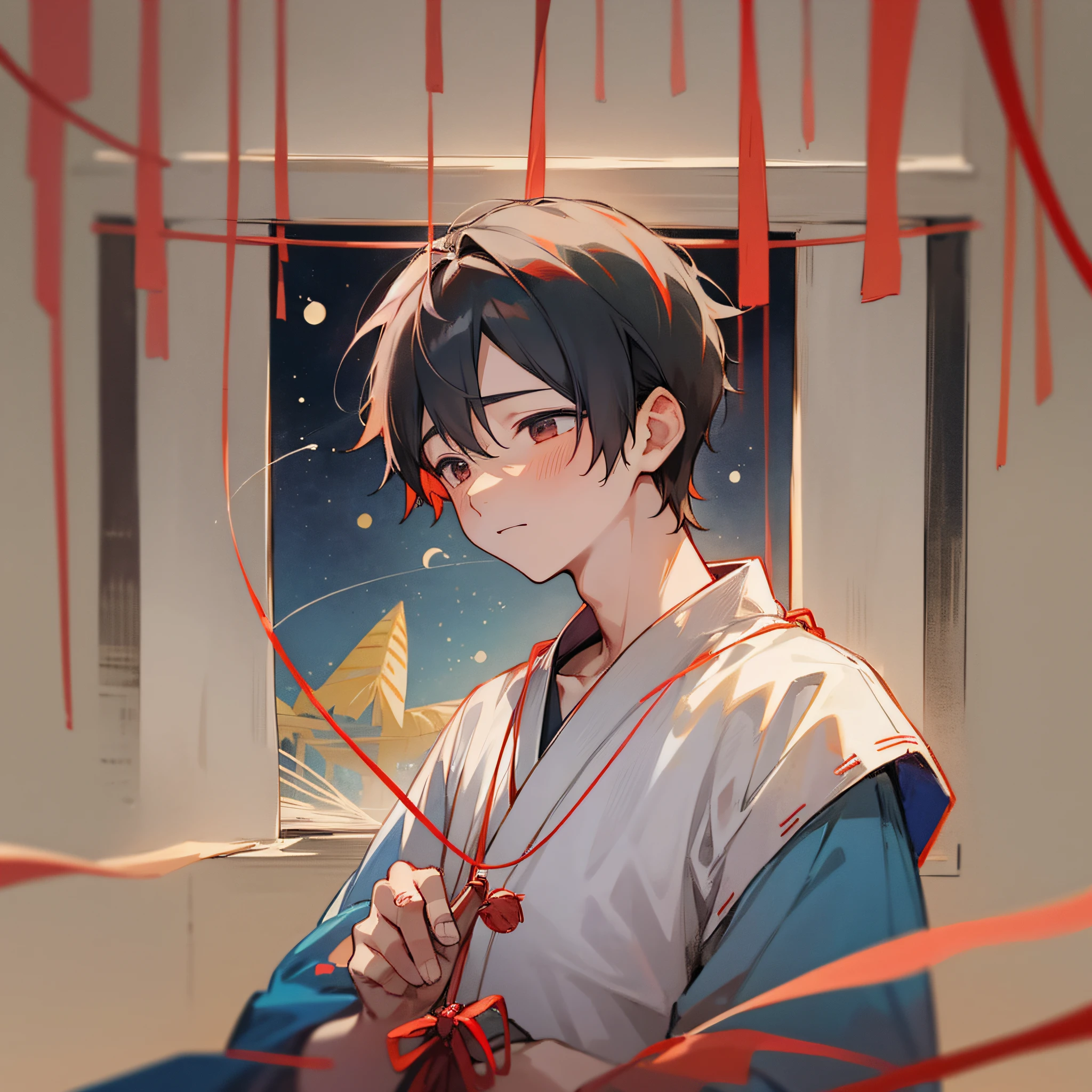 1, Tanabata, bowed his head, holding the red thread in his hand