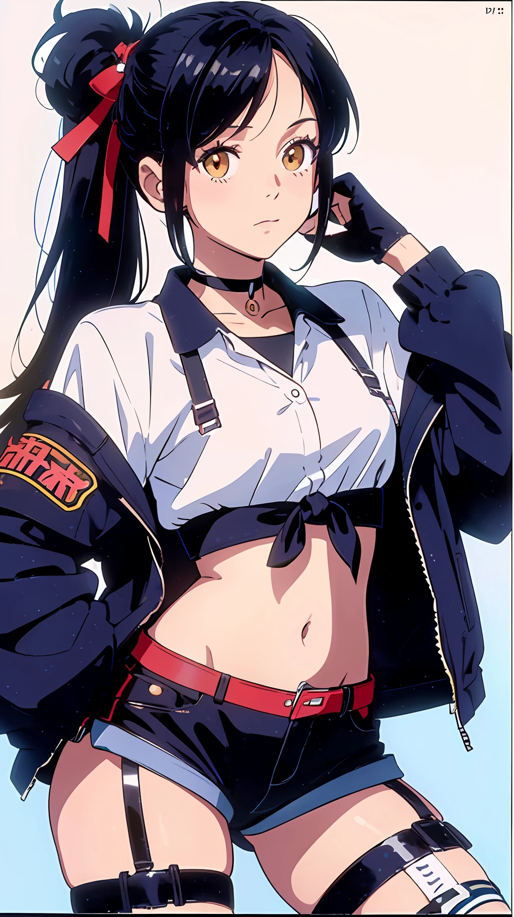 masterpiece, best quality, highres, hs1, red eyes, yellow eyes, side ponytail, x hair ornament, thigh strap, blue shorts, front-tie top, hair ribbon, midriff, short shorts, panty straps, white shirt, black choker, open jacket, cowboy shot, wariza, field, s... --auto --s2