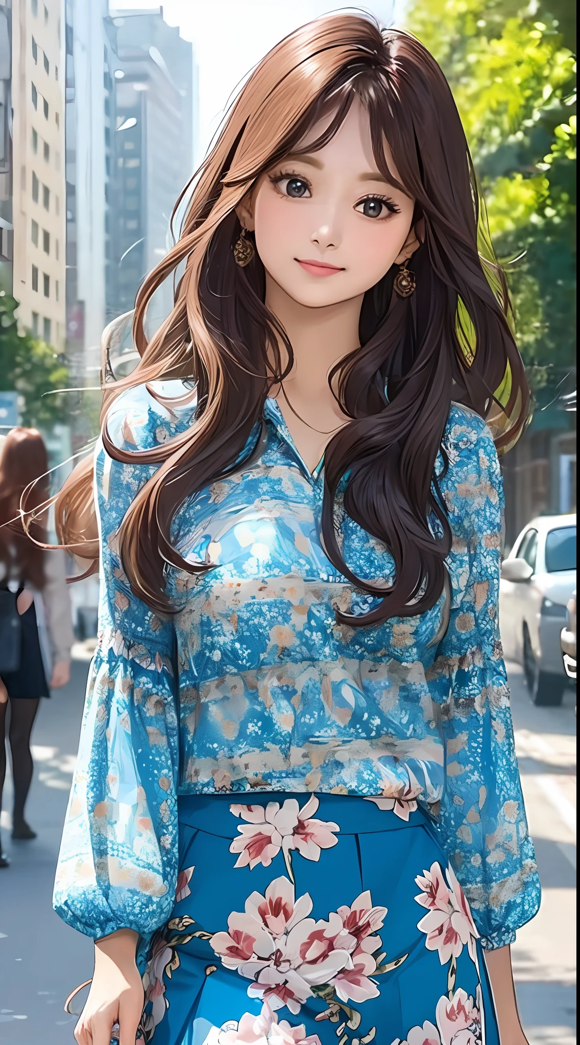 (masterpiece, best quality), beautiful woman, wavy hair, assymetrical bangs, printed blouse, skirt, perfect face, beautiful face, alluring, big gorgeous eyes, soft smile, perfect slim fit body, city streets, (outdoor), seoul, bright colors