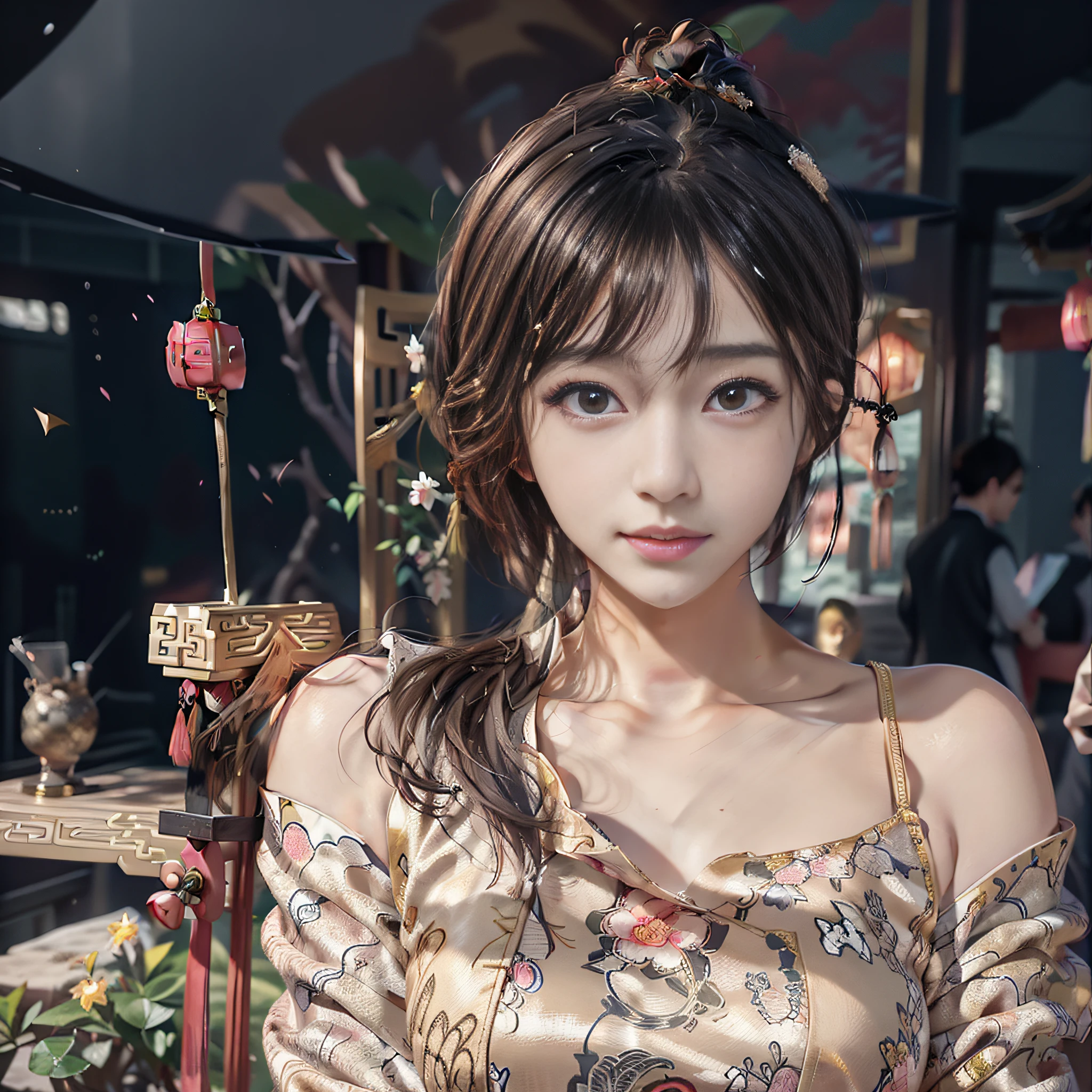 1girl, (20 years old:1.3), ultra realistic, photograph, beautiful detailed eyes, cute girl, pretty japanese girl, kawaii, (medium large breasts:1.2), smiling, (chinese dress:1.5),(natural skin texture, detailed skin, hyper-realism, ultra-sharpness), intricate details, depth of field,
