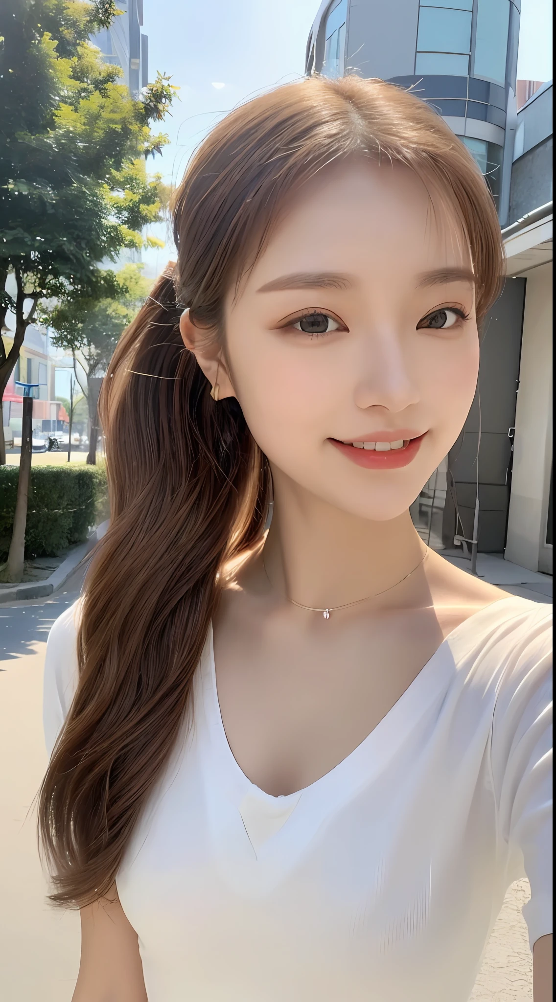 (Top Quality, 8K, Masterpiece: 1.3)), Focus: 1.2, Perfect Body Beauty: 1.4, Ass: 1.2, ((Layered Haircut, Chest: 1.2)), (White T-Shirt, (Sunny, Street: 1.3), Bando Dress: 1.1, Highly Detailed Face and Skin Texture, Narrow Eyes, Double Eyelids, Whitening Skin, Medium Hair, (Shut Up: 1.3), Smile, Ponytail, brown hair