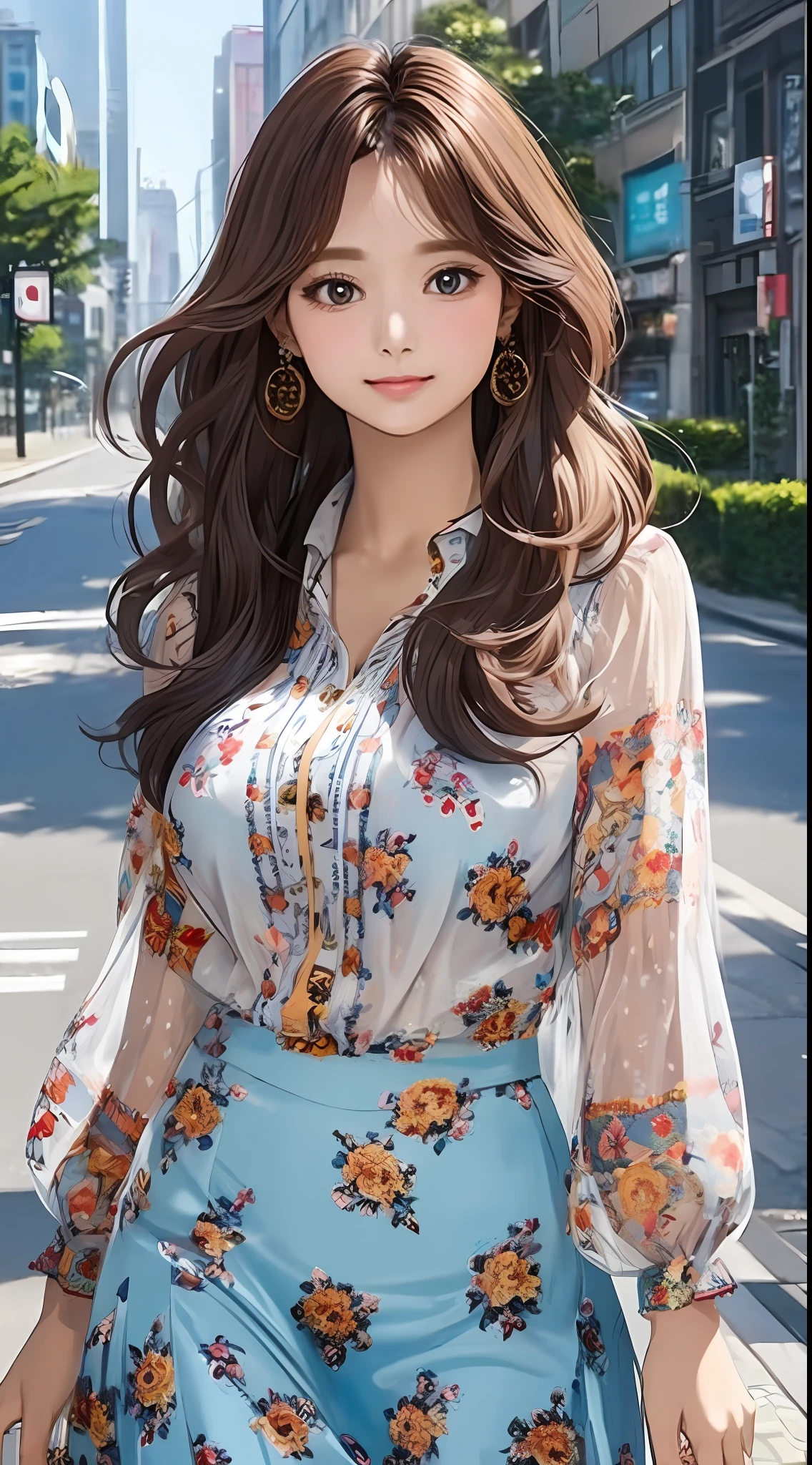 (masterpiece, best quality), beautiful woman, wavy hair, assymetrical bangs, printed blouse, skirt, perfect face, beautiful face, alluring, big gorgeous eyes, soft smile, perfect slim fit body, city streets, (outdoor), seoul, bright colors