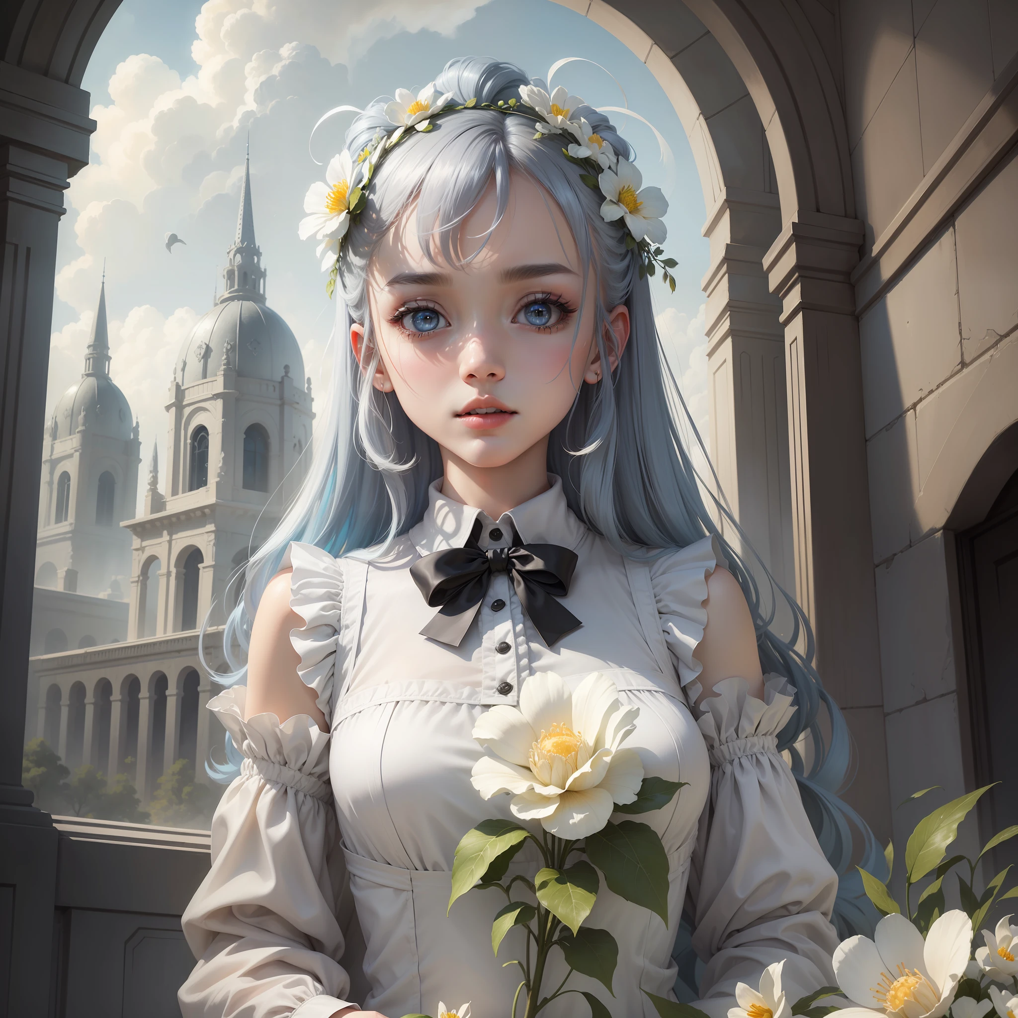 masterpiece, exquisite, illustration, {beautiful and meticulous girl}, beautiful and detailed halo, (fire of war: 1.2), (nuclear explosion behind: 1.3), rain, detailed lighting, detail water, (beautiful and detailed eyes: 1.1), expressionless, palace, sky blue hair, scattered hair, long bangs, eyebrows, (white-gray dress: 1.1), black ribbon, white bow tie, upper abdomen, big forehead, dull, flower, long sleeves --auto --s2