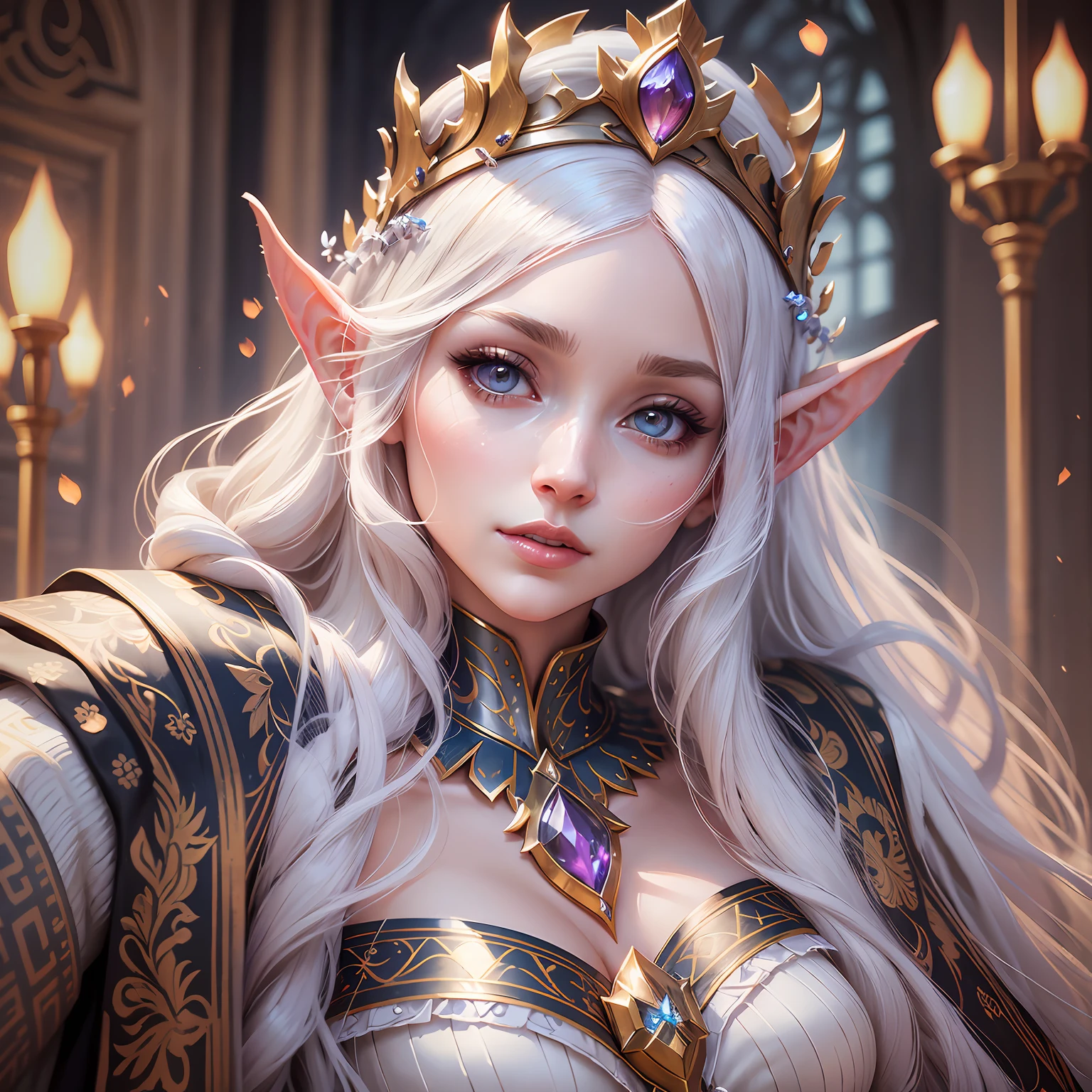 a close up of a woman with long white hair wearing a crown, detailed matte fantasy portrait, elegant cinematic fantasy art, portrait of an elf queen, hyperdetailed fantasy character, beautiful elf with ornate robes, yuri shwedoff and tom bagshaw, fantasy art behance, intricate wlop, fantasy concept art portrait, portrait of very beautiful elf, fantasy character portrait --auto