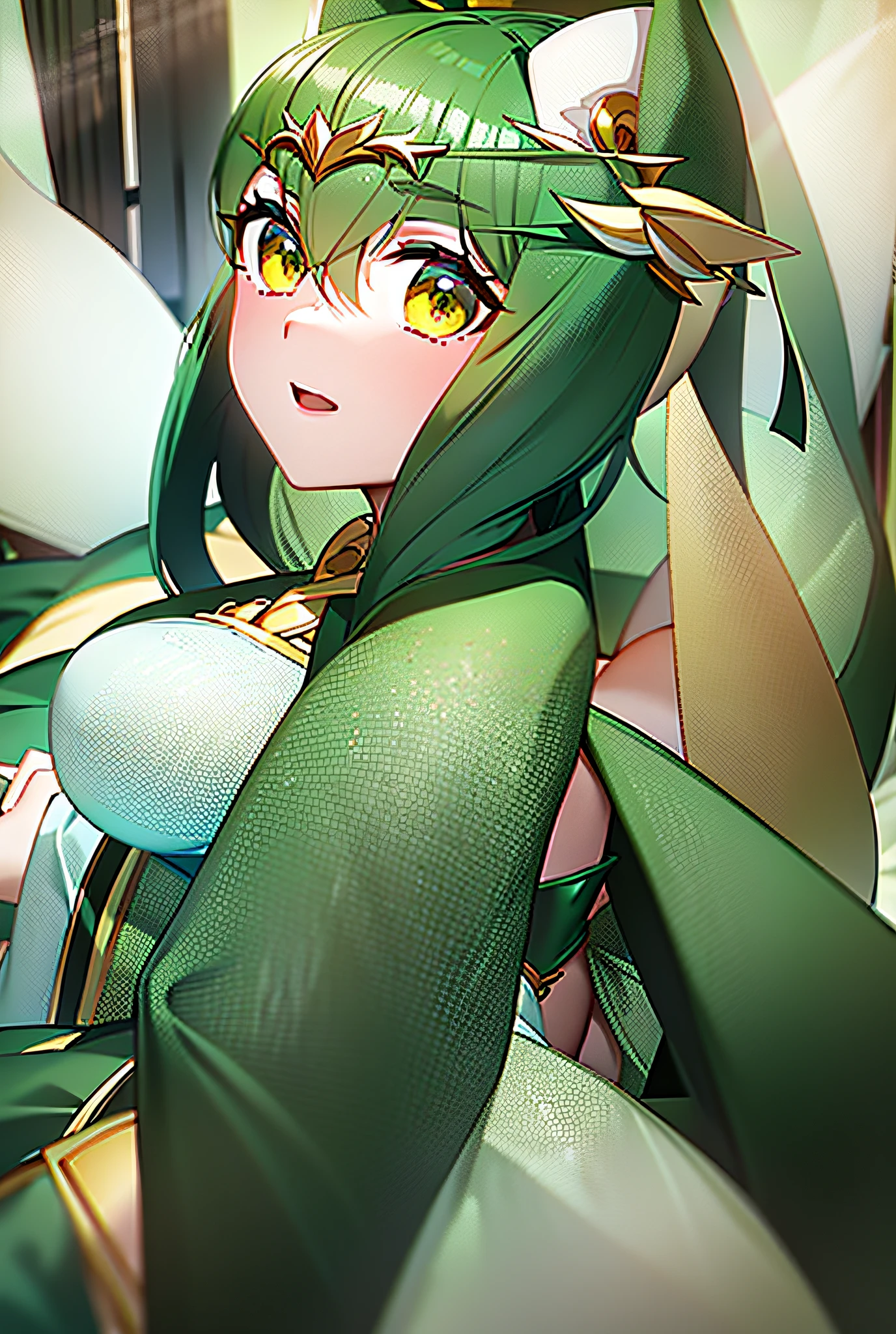 anime girl in a green and yellow dress sitting on a leaf, lady palutena, palutena, fey queen of the summer forest, digital art on pixiv, krenz cushart and artgerm, cushart krenz key art feminine, extremely detailed artgerm, zerochan art, trending on artstation pixiv