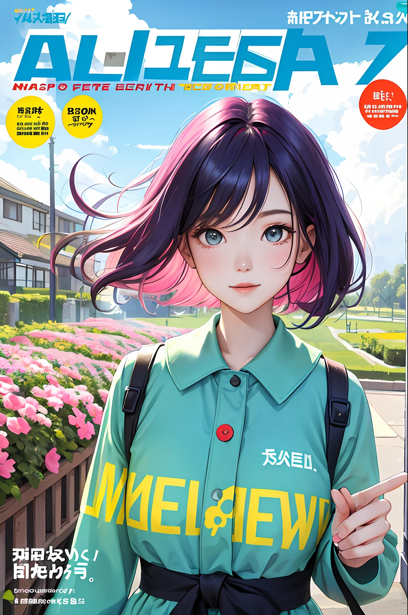 masterpiece, best quality, spring outfit, colorful hair, outdoor, magazine cover ,upper body,