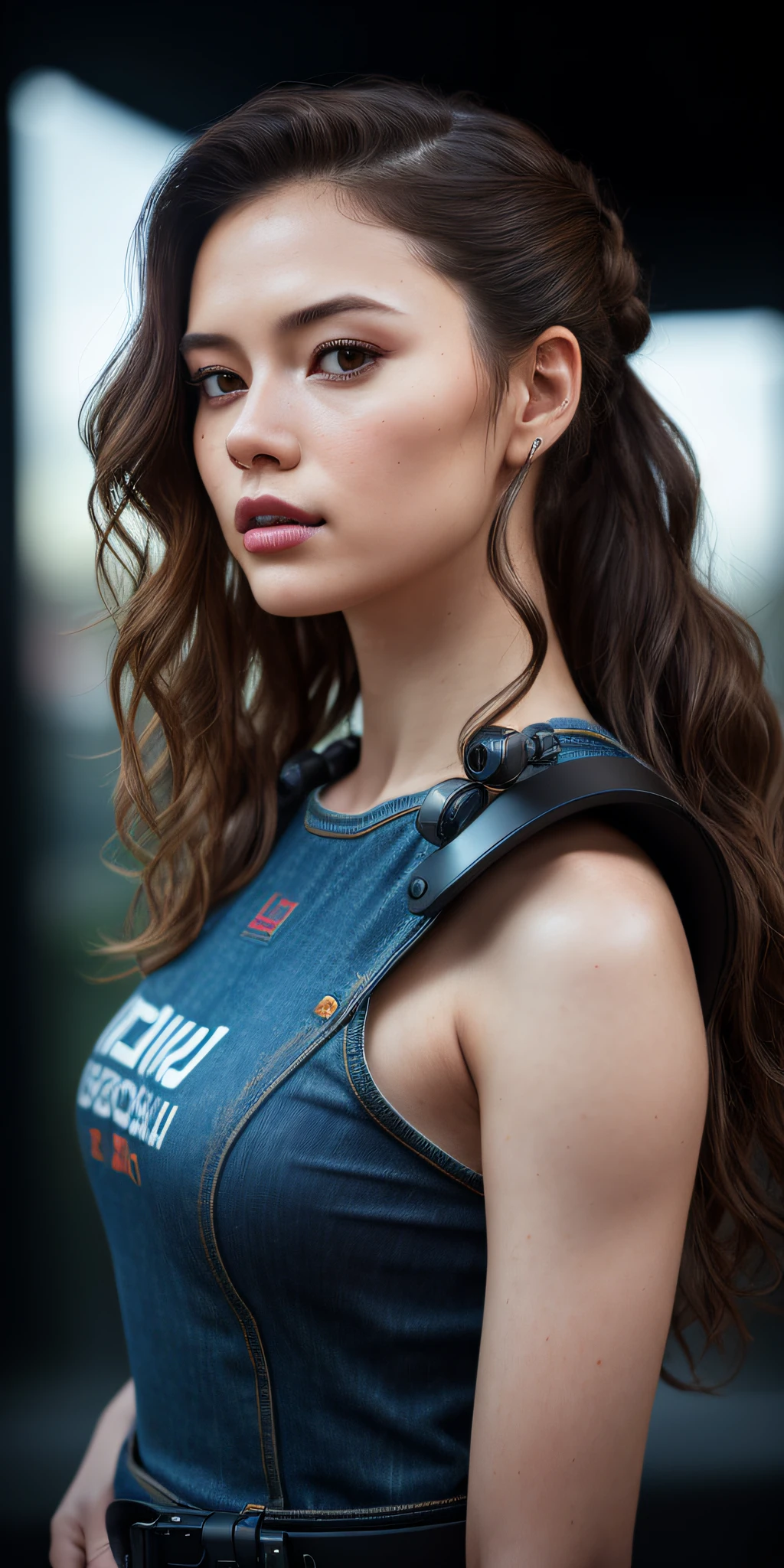 Full face portrait photo of 25 year old European girl, RAW, beautiful woman, semi-open strawberry lip, dimples, wistful expression, (extra long wavy brown hair), ((detailed face)), ((detailed facial features)), (fine detailed skin), pale skin, (( Detailed high-tech cyberpunk dress with a deep neckline fitted to the body)), cyberpunk megacity environment, (cool color), damp, damp, reflective, (masterpiece) (perfect proportions) (realistic photo) (highest quality) (detail) shot with Canon EOS R5, 50mm lens, f/2.8, HDR, (8k) (wallpaper) (movie lighting) (dramatic lighting(Sharp Focus) (Complex), RAW Photography, RAW Photography, Gigachado Photography, Camera Pose, Black Jeans, Back Arm, 8K UHD, DSLR, High Quality, Grain Film, Fujifilm XT3, Film Stock Photo 4 Kodak Portra 400 Camera F1.6 Lens Rich colors Ultra-realistic textures Dramatic lighting Unreal Engine Art Station Trends Cinestir 800 Tungsten, Toughboy Style, Ultra Focus Face, Intimidating, Combat Position, Short Messy Hair, Muscles, Bursting Veins, Beads, Black and Long Curly, Ponytail,