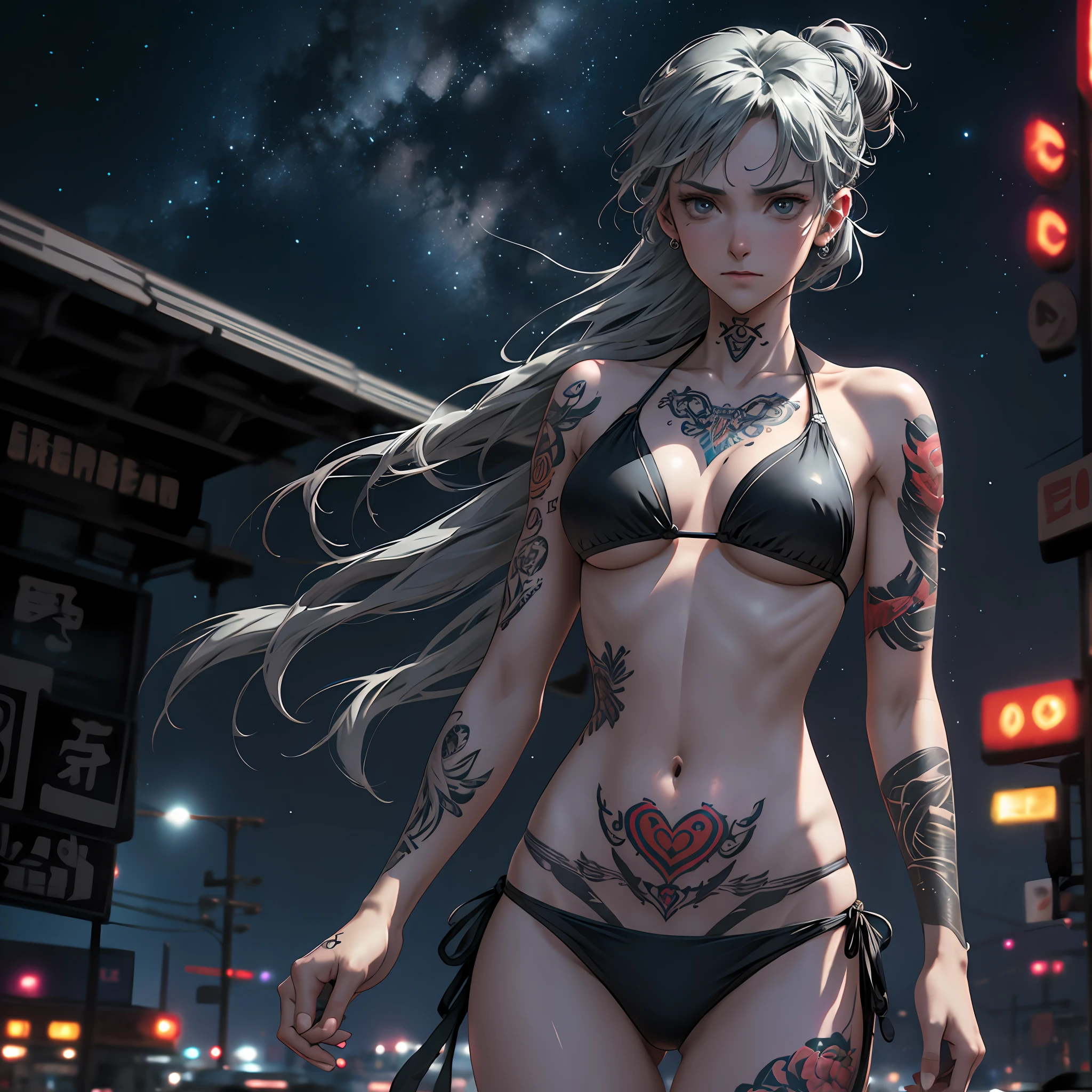 night city, neon, perfect starry sky, UHD, high detail, high quality, super detail, 16k, one woman, makoto shinkai, ghibli, gray hair, micro bikini, plain bikini, ((bikini with less fabric)), big eyes, long eyelashes, very long eyelashes, ethnic tattoos, (tattoos that cover the entire body), (lots of tattoos)), tattoos on the chest, tattoos on the arms, tattoos on the fingers, ((tattoos all over the chest)), beautiful face, neutral features, (short hair)