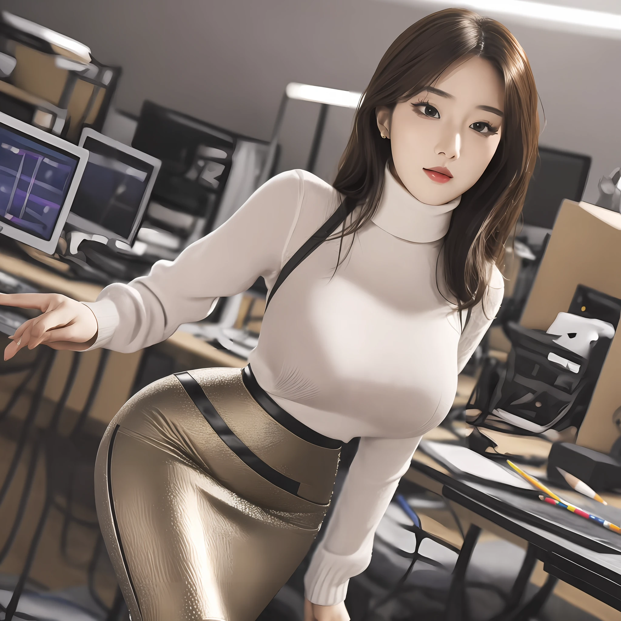 (extremely detailed masterpiece:1.2), (best quality:1.2), (intricate details:1.1), (photorealistic:1.5), RAW, Ultra High Resolution, (kpop idol, Korean beauty, 20 years old, mixed, (sharp focus:1.3), (pencil_skirt:1.3), BREAK Dressed in a Turtleneck Bodysuit that hints at her sensuality, the enchanting office vixen gracefully navigates the cubicle maze, captivating colleagues as she sashays past them, her heels clicking rhythmically,