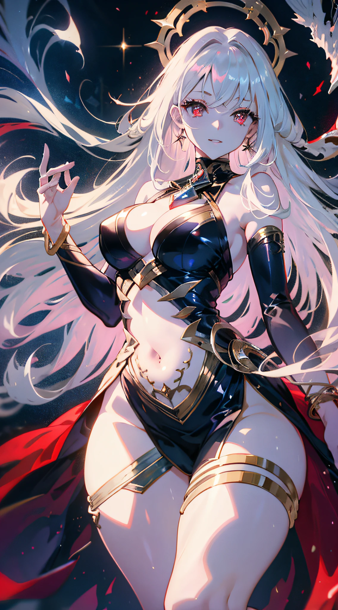 (simple hands:0.5)+(detailed hands:0.7), (masterwork), (best quality), white hair, red eyes,1girl, pale skin, white hair, red eyes, two tone hair, eyelashes, bracelet, jewelry, smile, gleaming skin, shiny hair, detailed and majestic stage, Fantasy, Long Hair, 1 girl, two-tone hair, night sky, Incredibly detailed CG illustration masterpiece, looking at you, anime, beautiful anime eyes, beautiful detailed eyes, eyes, glittering eyes, red eyes, galaxy, nebula, (full body), (curvy), POV, wet neckline, (thick thighs), 4k hd, ultra realistic, perfect body, perfect lips, perfect nose, perfect eyes, Nice belly detailed, see through clothes, legs open, looking at the viewer, dress, elegant dress,