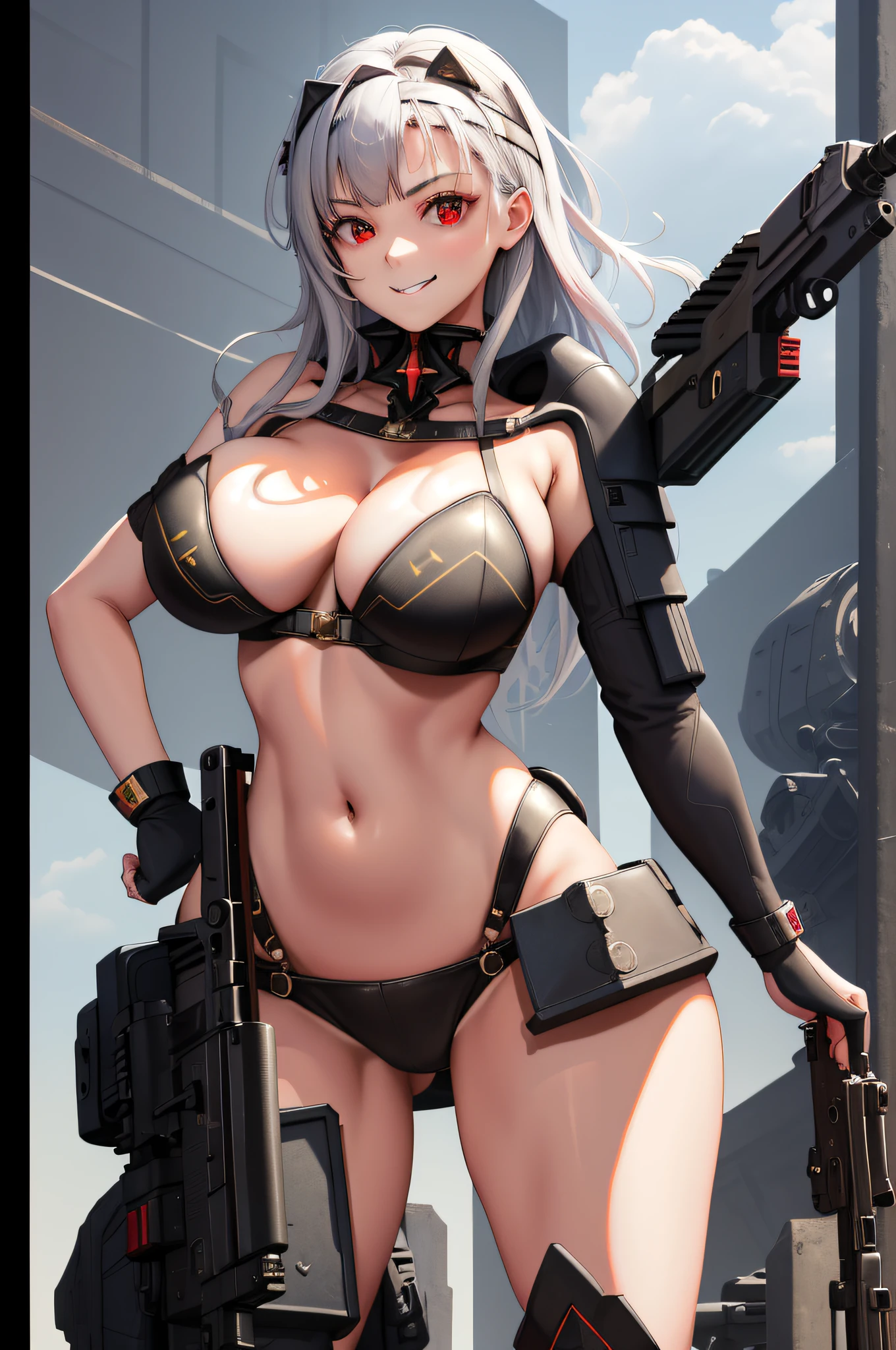 masterpiece, best quality, absurdres, modernia, 1girl, solo, red eyes, hoodie, large breasts, smile, midriff, navel, gigantic hips, hands on hips, from behind, focus ass, upper body shot, (shooting pose:1.2), (submachine gun on shoulder:1.4)