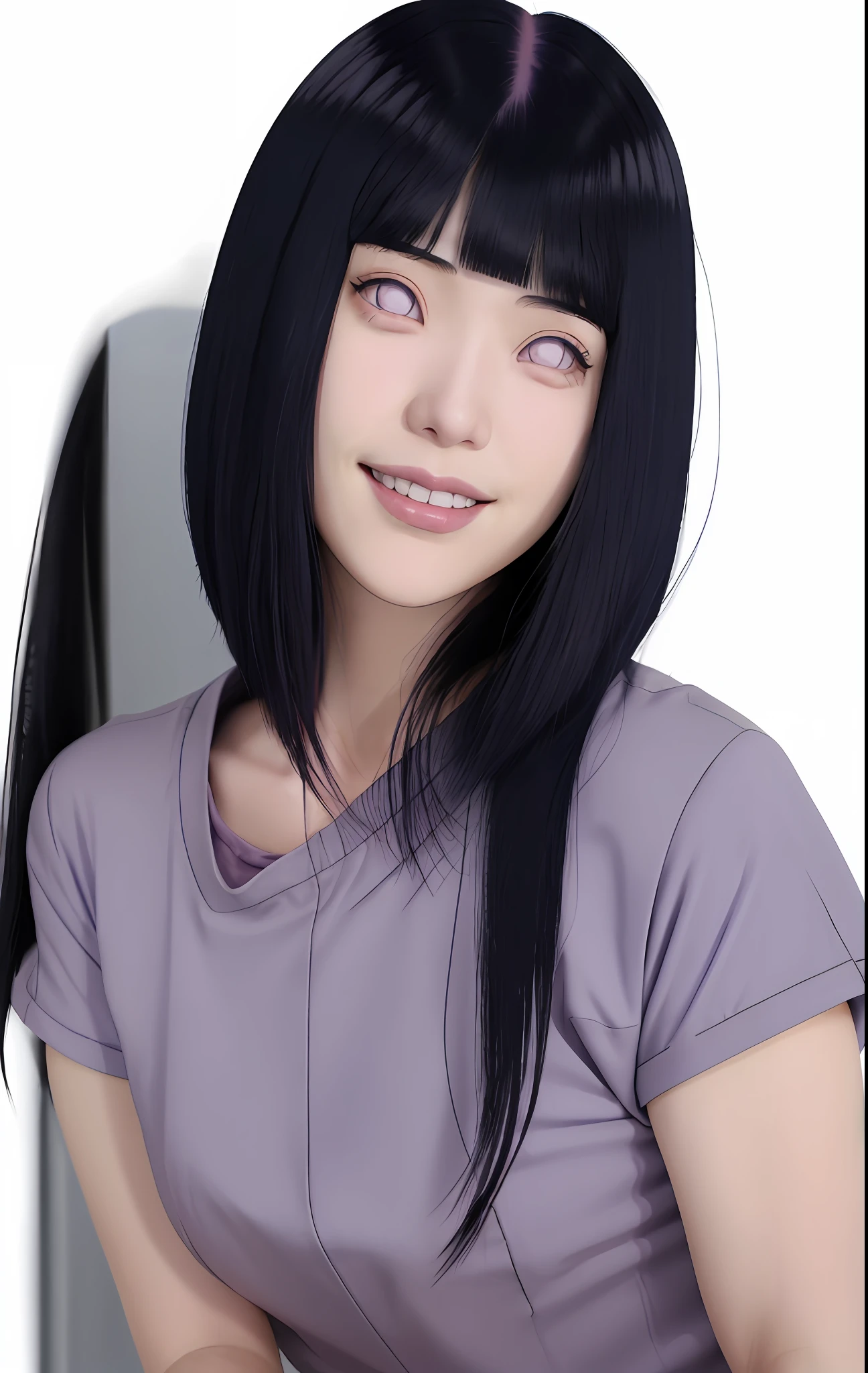 a girl with long blue hair and a gray shirt, hinata hyuga, hinata hyuga from naruto, she has black hair with blunt bangs, flat anime style shading, with long dark hair, from naruto, blunt bangs, purple eyes, pink lips, (realistic hair:1.3), (long hair:1.3), (smile:1.3)