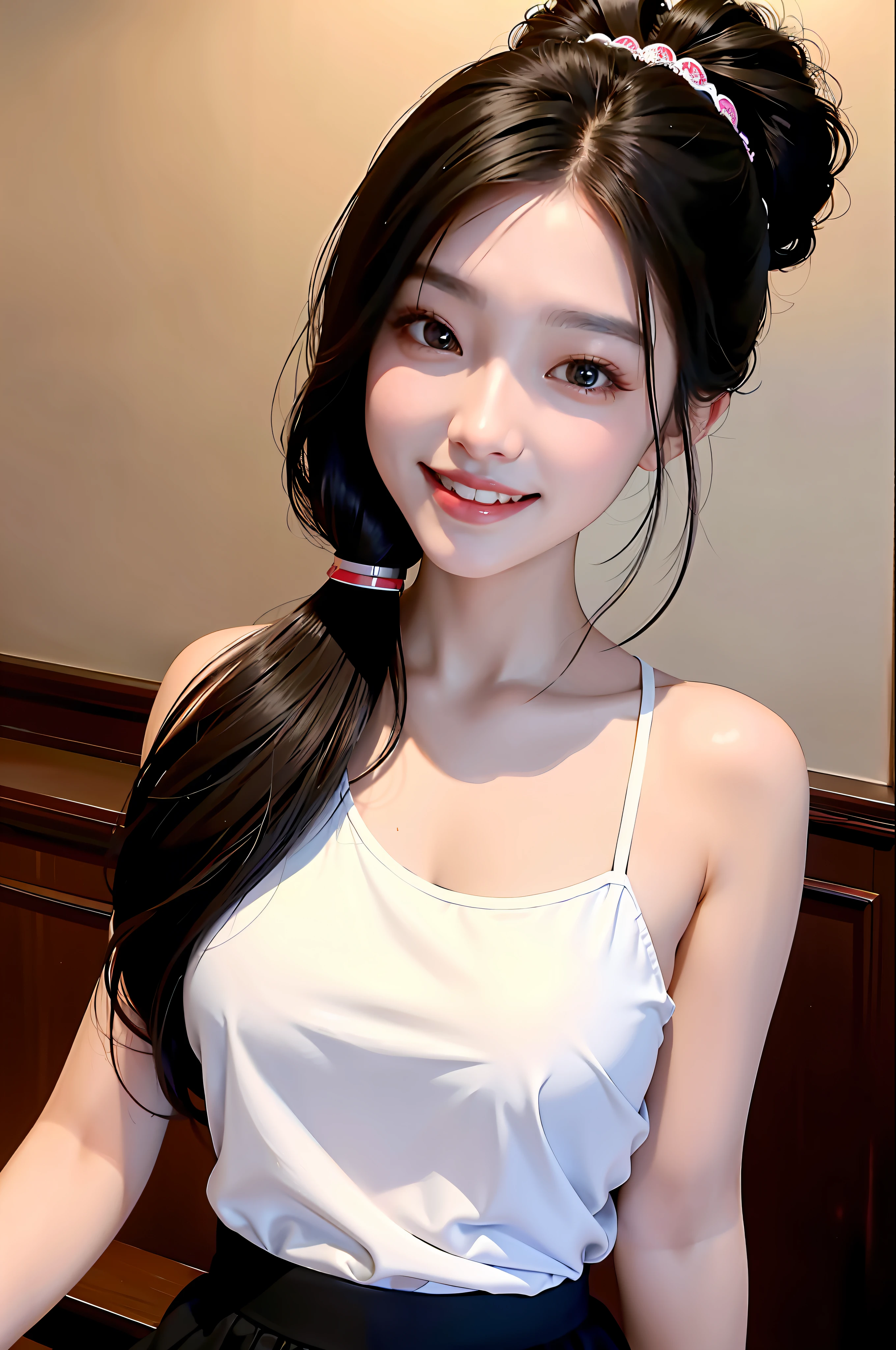 Korean girl, black hair, older sister, putting her hair in a ponytail and smiling to the narrator, high definition picture, masterpiece, (beautiful girl, cafe, enchanting, virgin, sexy), (secretary), coquettish smile, coquettish woman,