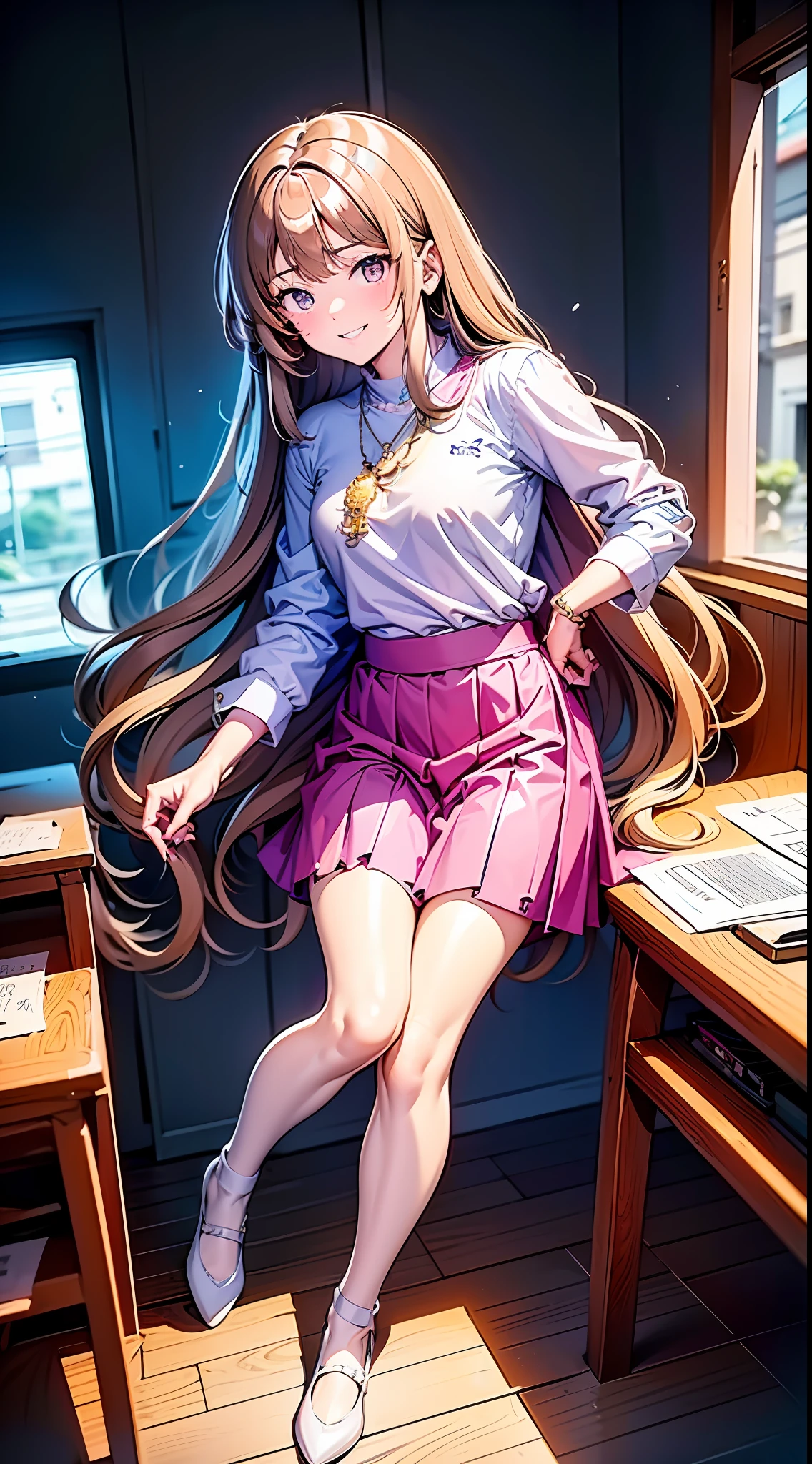 In the classroom, the heroine Chen Nannan, with a petite figure, long golden hair, water spirit eyes, sweet smile, wearing a white shirt, a pink skirt, a pair of white flat shoes, and a silver necklace around her neck.