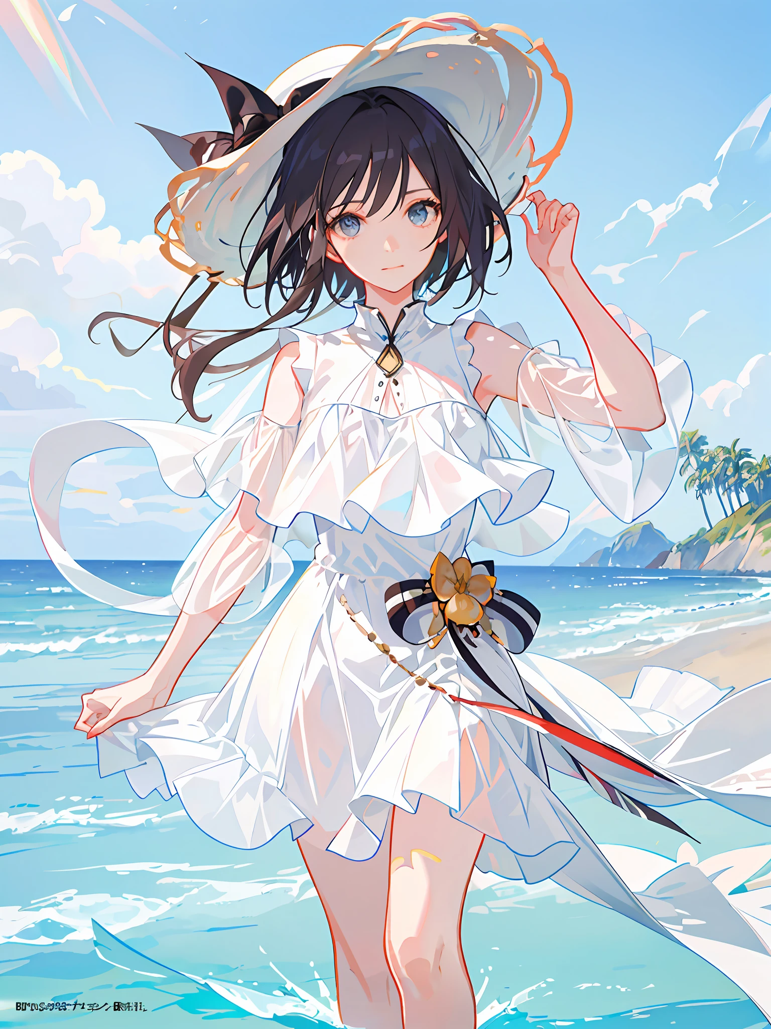 HD4k,masterpiece,best quality),araffe woman in white dress and hat walking on beach near ocean, editorial photo from magazine, magazine scan, nico wearing a white dress, with straw hat, magazine photo,style of yoshii chie,black hair,wavy hair,short hair