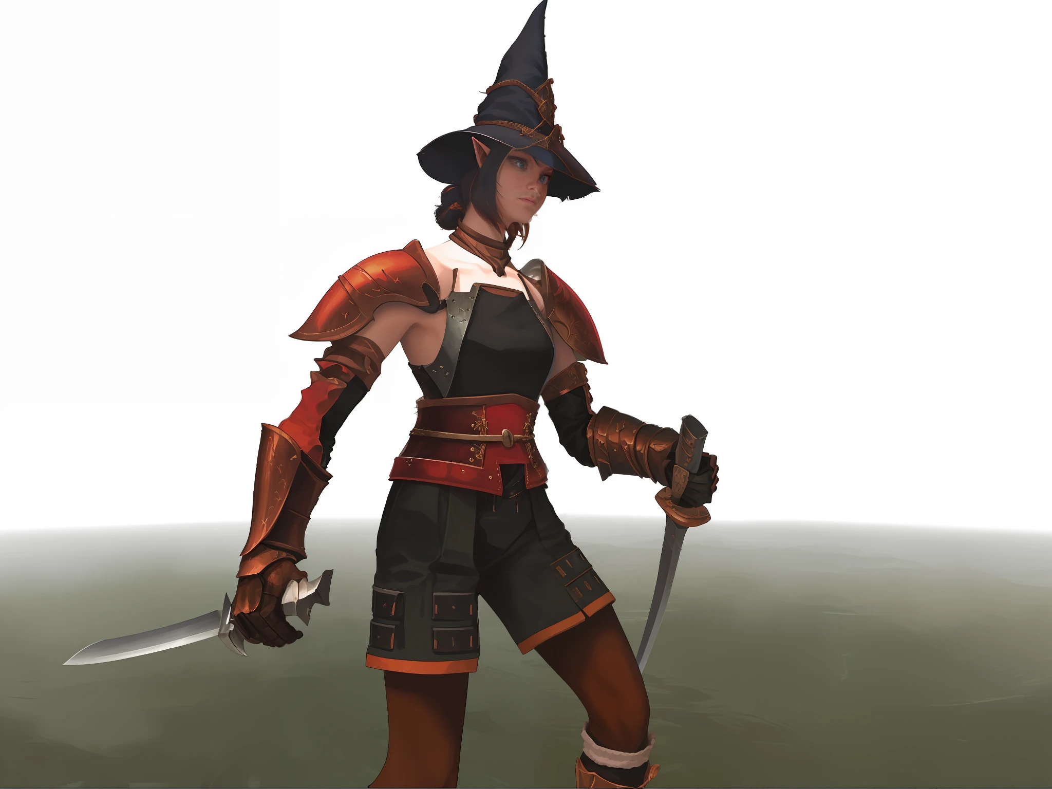masterpiece, best quality, ultra-detailed, side shot, illustration, disheveled hair, 1 girl, solo, elf girl, elf ear, ninja, low short twin tails, witch hat, orange blond hair, tanned skin, closed mouth, 18 years old girl, blue eyes, breasts, (leather armor), (leather shoulder armor), depth of field, no sleeves, extremely detailed CG unity 8k wallpaper, dungeon in the background