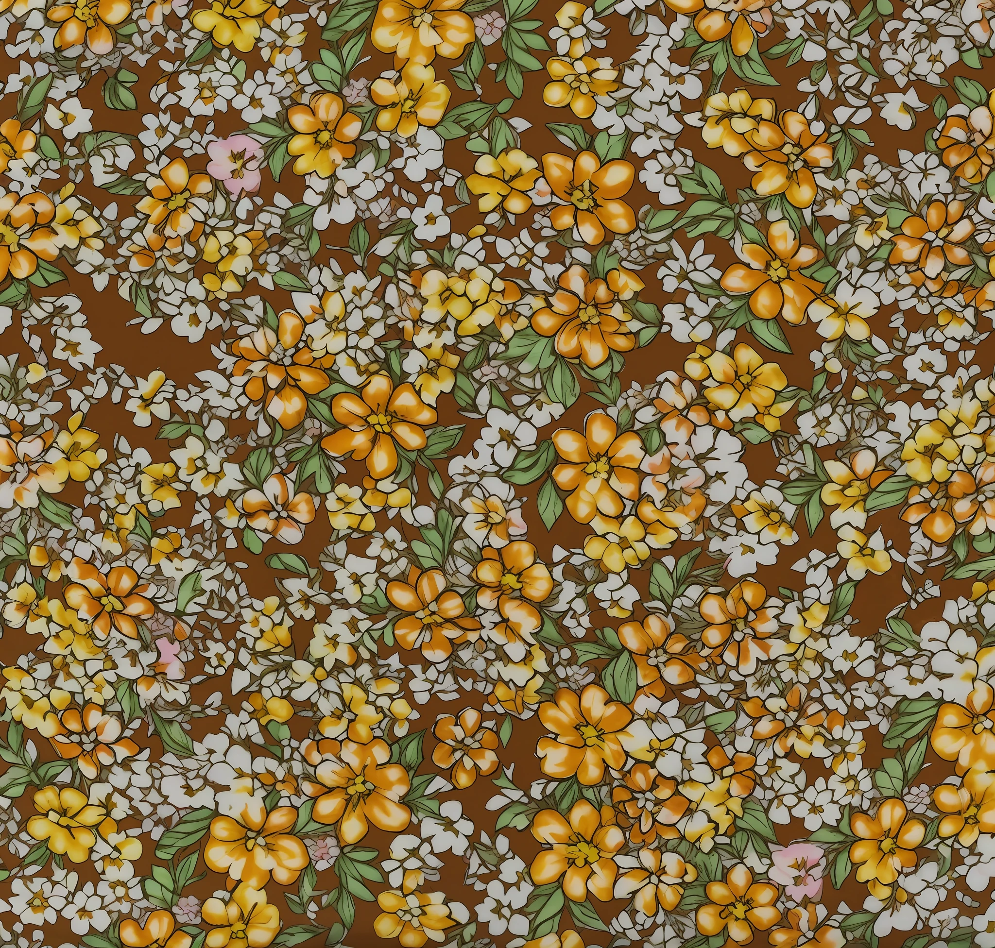 Close up of floral print fabric with orange and white flowers, brown flowers, background full of pink flowers, mottled flowers, many flowers, gorgeous flowers, flower field background, floral wallpaper, colorful flowers, golden flowers, flower dream, flower wallpaper, flowers everywhere, flowers, cotton fabric, textile print, flower explosion, flower update