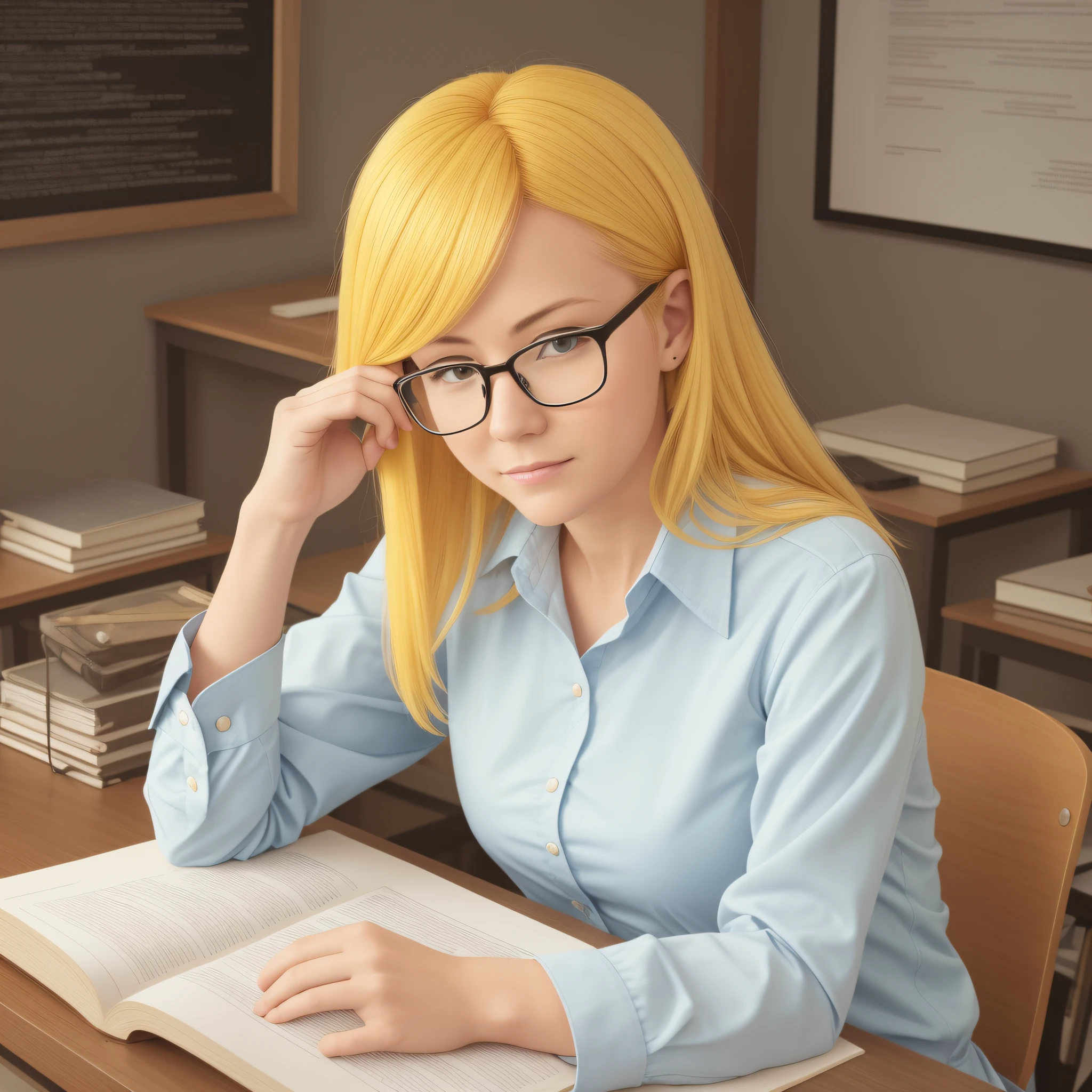 "(Picture ratio 1:1) features a yellow-haired female teacher who wears glasses and professional clothes." --auto --s2