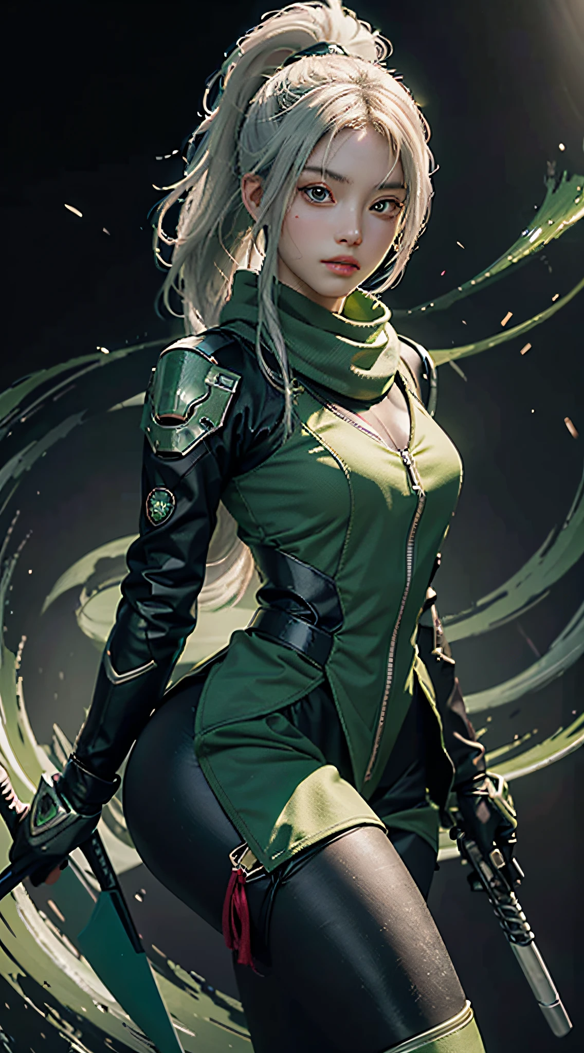 Highest image quality, outstanding detail, super high resolution, (realism: 1.4), best illustration, favor details, highly condensed 1girl, with a delicate and beautiful face, dressed in black and green mecha, wearing a mecha helmet, holding a directional controller, upper body, white hair, ponytail, purple eyes, (ninja), short sword, medium chest, scarf, magic array background, light particles, green fire,