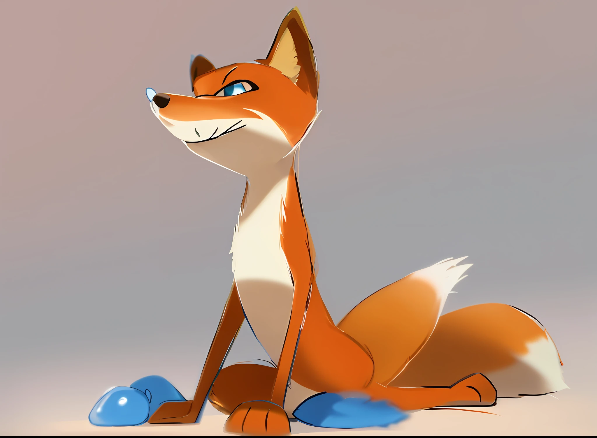 Draw a fox sitting on the ground and turn its head, professional furry drawing, cell coloring adult animation, smooth painting, Disney 2D traditional animation, Disney 2D animation stills, traditional animation, Disney stylized furry, human fox, human cat, Disney's Bambi cat, very flat shadows, stylized fox - similar appearance