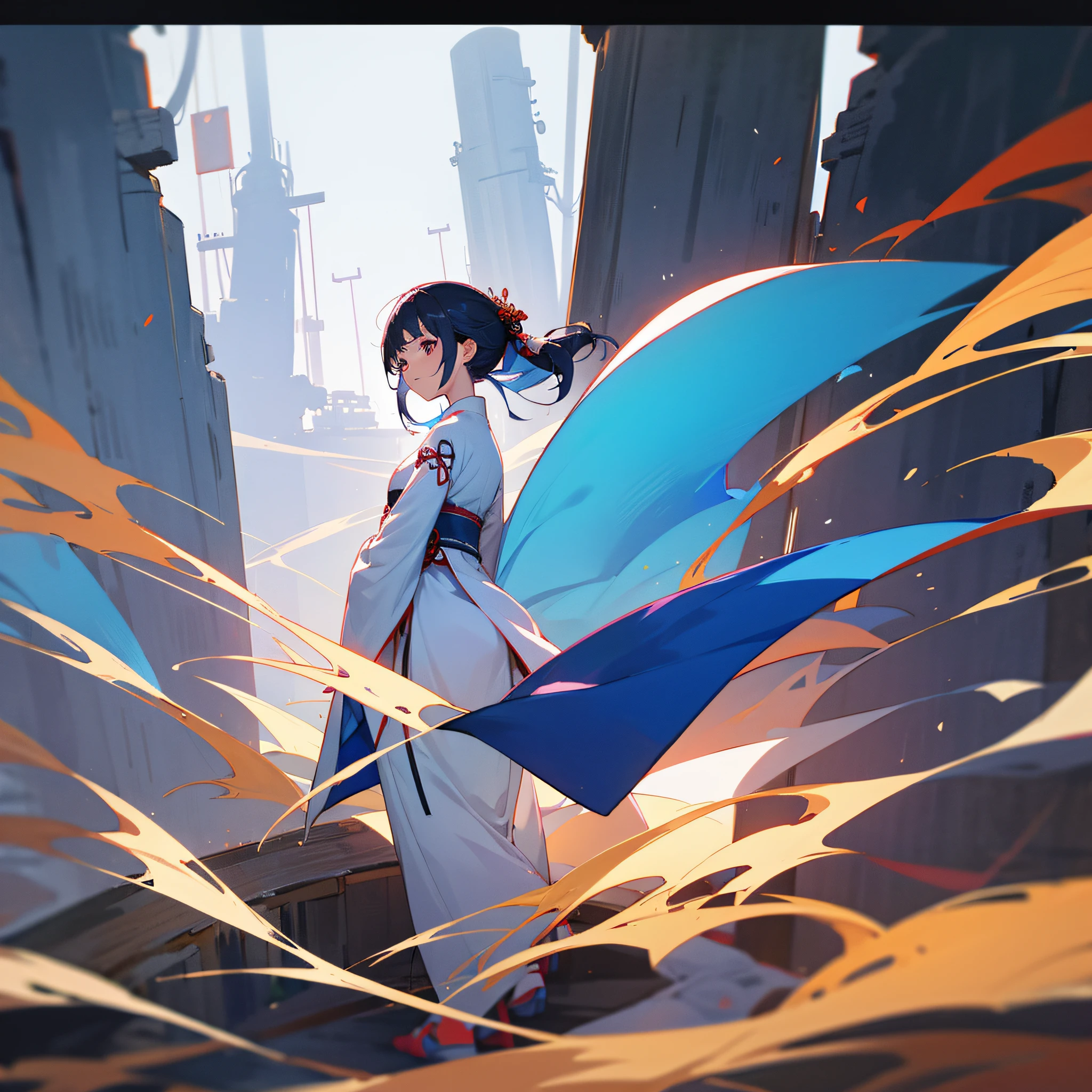 girl1, walking forward and looking back, Hanfu, whole body, dim environment