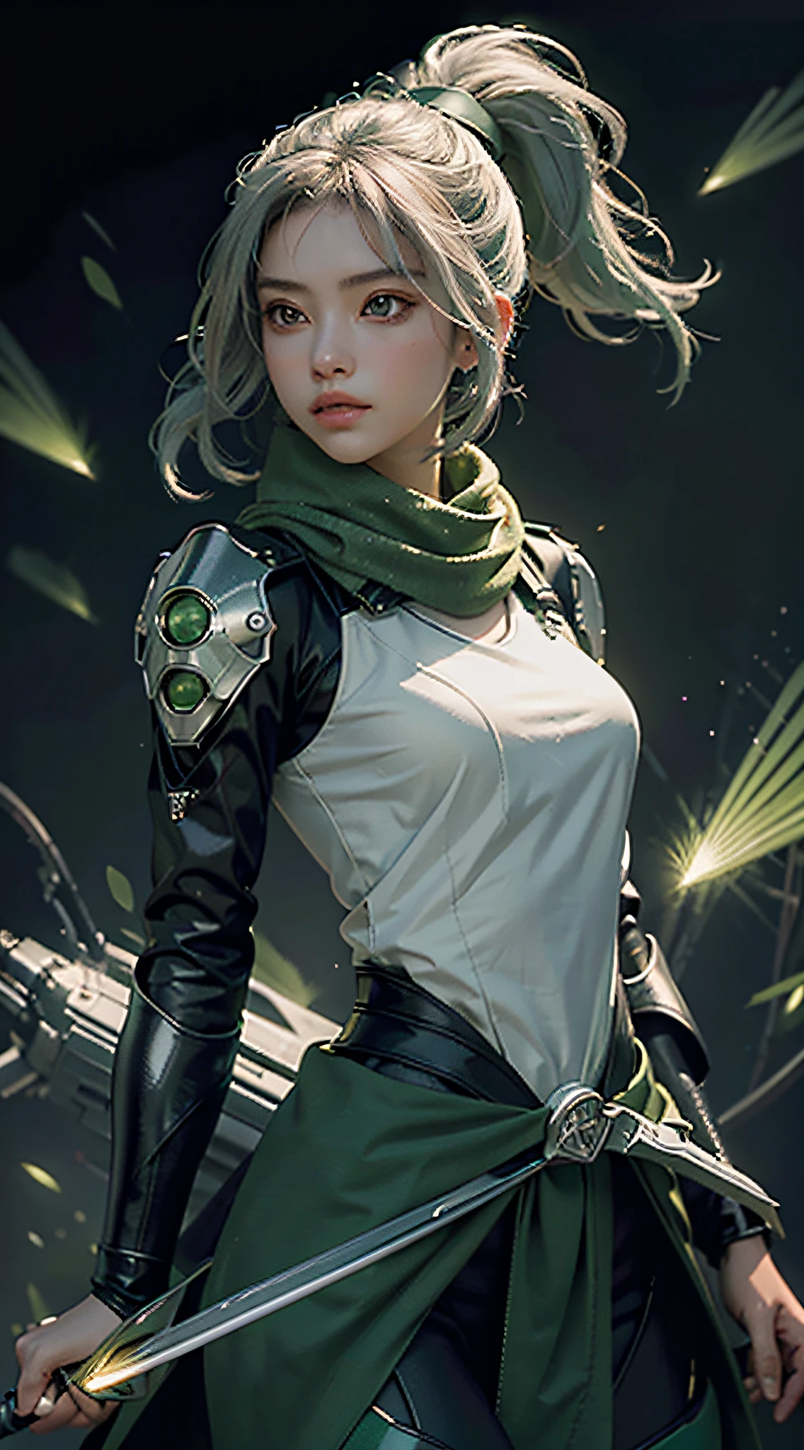 Highest image quality, outstanding detail, super high resolution, (realism: 1.4), best illustration, favor details, highly condensed 1girl, with a delicate and beautiful face, dressed in black and green mecha, wearing a mecha helmet, holding a directional controller, upper body, white hair, ponytail, purple eyes, (ninja), short sword, medium chest, scarf, magic array background, light particles, green fire,