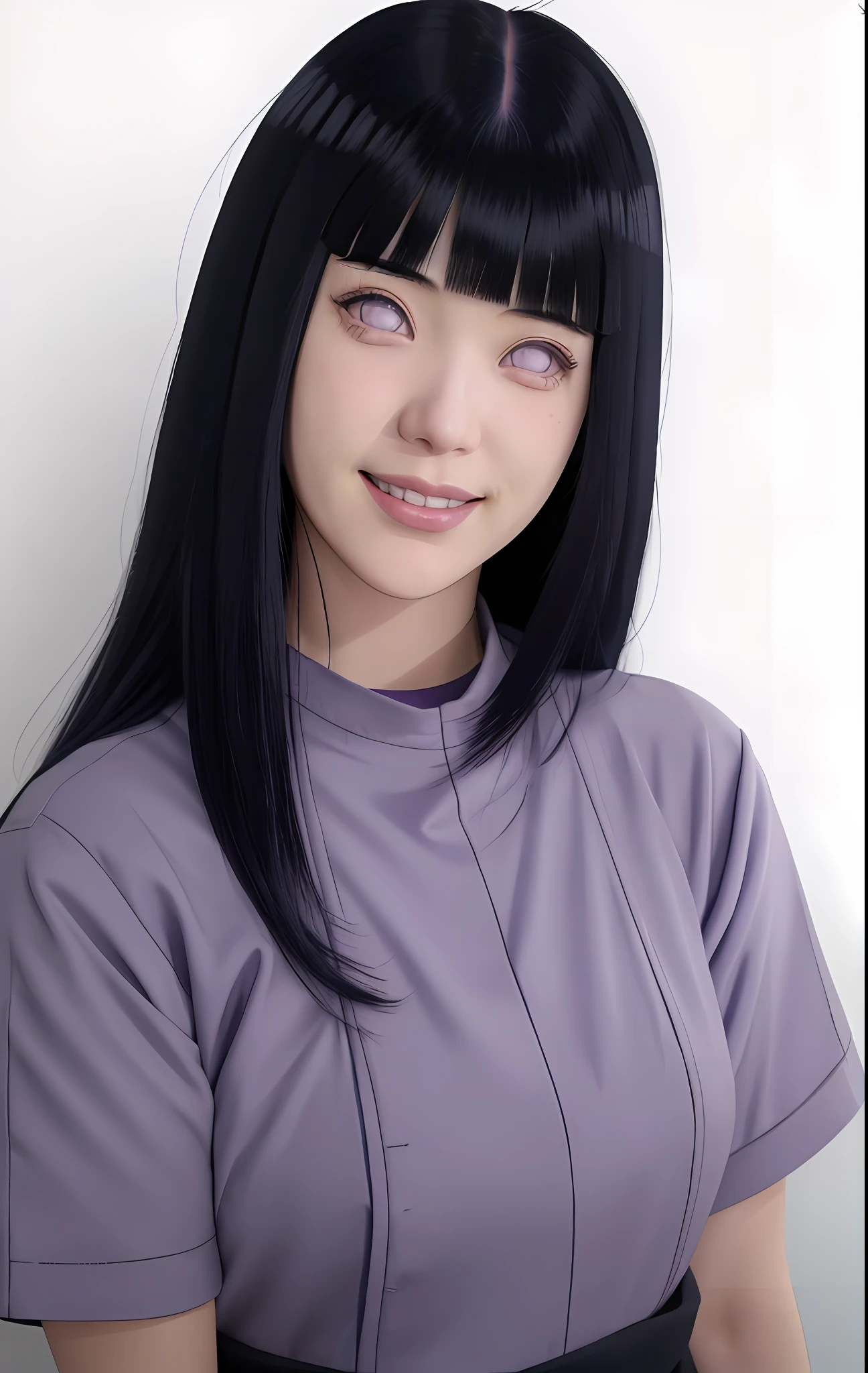 a girl with long blue hair and a gray shirt, hinata hyuga, hinata hyuga from naruto, she has black hair with blunt bangs, realistic, with long dark hair, from naruto, blunt bangs, purple eyes, pink lips, (realistic hair:1.3), (long hair:1.3), (smile:1.3), detailed character, realistic character, blushing