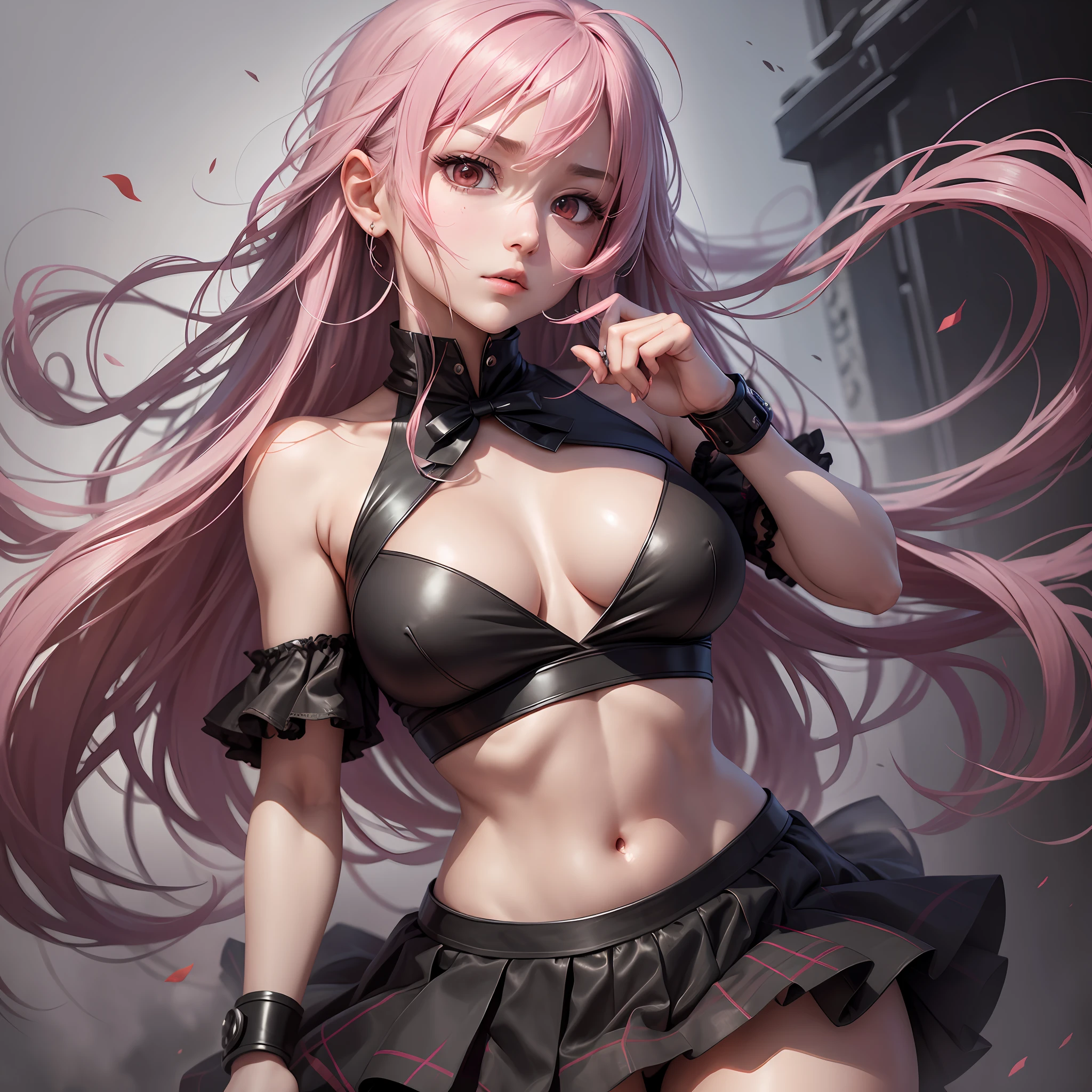 Draw Gasai Yuno, the character from the Mirai Nikki anime, in a defiant and determined pose. His face exhibits delicate and expressive features, with large, intense eyes of vibrant red color, which convey his complex personality. She has light pink hair, long and voluminous, which falls in perfectly arranged waves around her face.
His facial expression shows a resolute and penetrating look, with slightly furrowed brows, indicating his ruthless attitude. Her lips have a subtle touch of malice, suggesting her mysterious and enigmatic side.
Yuno's body is slender and well-proportioned, with delicate curves and a confident posture. She wears a distinctive school uniform, consisting of a white short-sleeved blouse with red tie and a plaid skirt. Her skirt is a moderate length, revealing her femininity with elegance.
Yuno carries a knife in one hand, a symbol of his determination and lethal abilities. The other hand is stretched out in front, ready for action. Your body exudes energy and agility, with defined muscles and graceful movements.
Additional details may include accessories such as red ribbons on the hair or decorative bracelets on the wrist. Her skin is clear and smooth, enhancing her angelic beauty and contrasting with her somber personality.
When creating the design, use a realistic style, with attention to facial details, hair textures and clothes. Use shadows and lights to emphasize volume and depth, adding a touch of realism to the image.
Remember to capture Yuno's essence, conveying his aura of mystery, determination, and even a touch of danger. The drawing should capture the intensity and complexity of his personality, captivating viewers and leaving a lasting impression. --auto --s2
