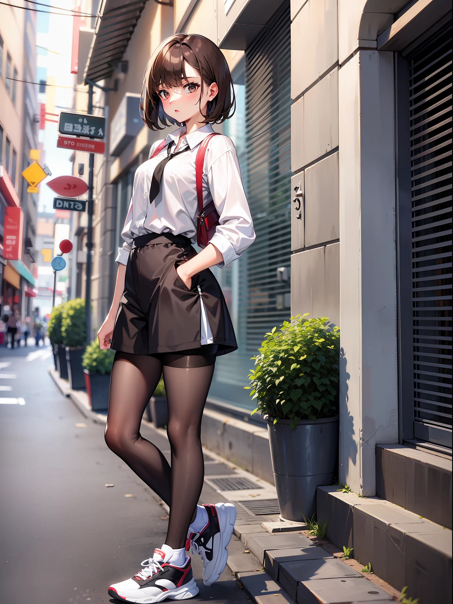 Brown hair shorthair, short clothes with white collar sleeves, shorts, pantyhose, girl, outdoor, tech sneakers