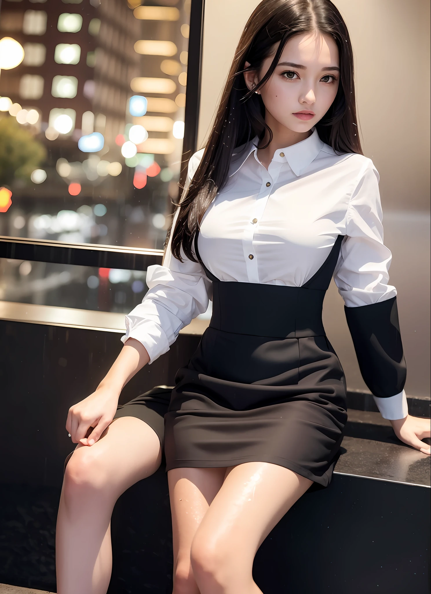 8K, best quality, masterpiece: 1.2) , super details, 1 girl, cute, independent, beautiful details sky, details cafe, night, sit down, date, (nose red) , sweet smile, (Smile: 1.15) , (shut up) small breasts, small beautiful details eyes, Turkish, (collar shirt: 1.1) , black and white business attire, night, wet, business dress, rain, long hair, brunette, flowing hair, NovaFrog style, cat,