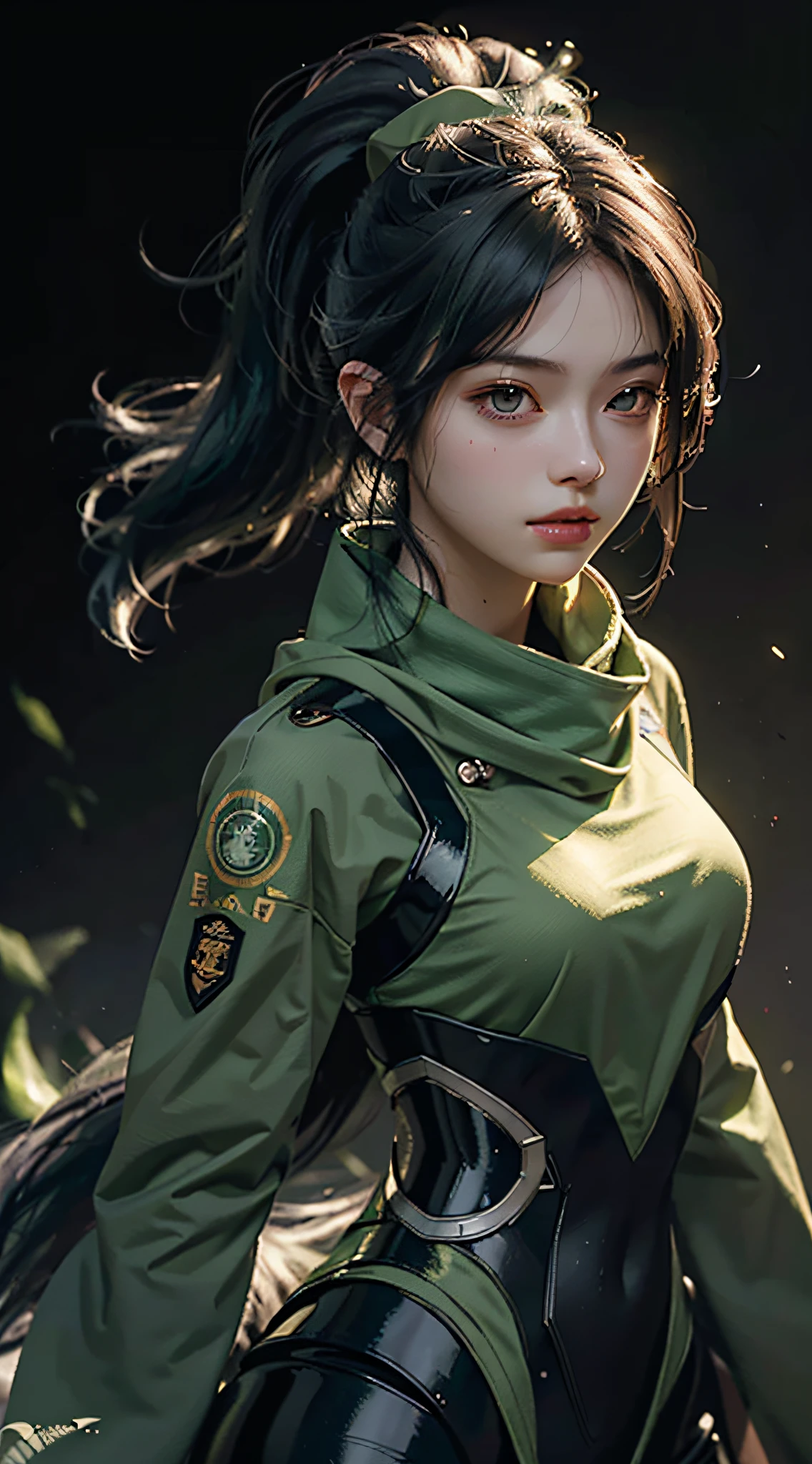 Highest image quality, outstanding detail, super high resolution, (realism: 1.4), best illustration, favor details, highly condensed 1girl, with a delicate and beautiful face, dressed in black and green mecha, wearing a mecha helmet, holding a directional controller, upper body, white hair, ponytail, purple eyes, (ninja), short sword, medium chest, scarf, magic array background, light particles, green fire,