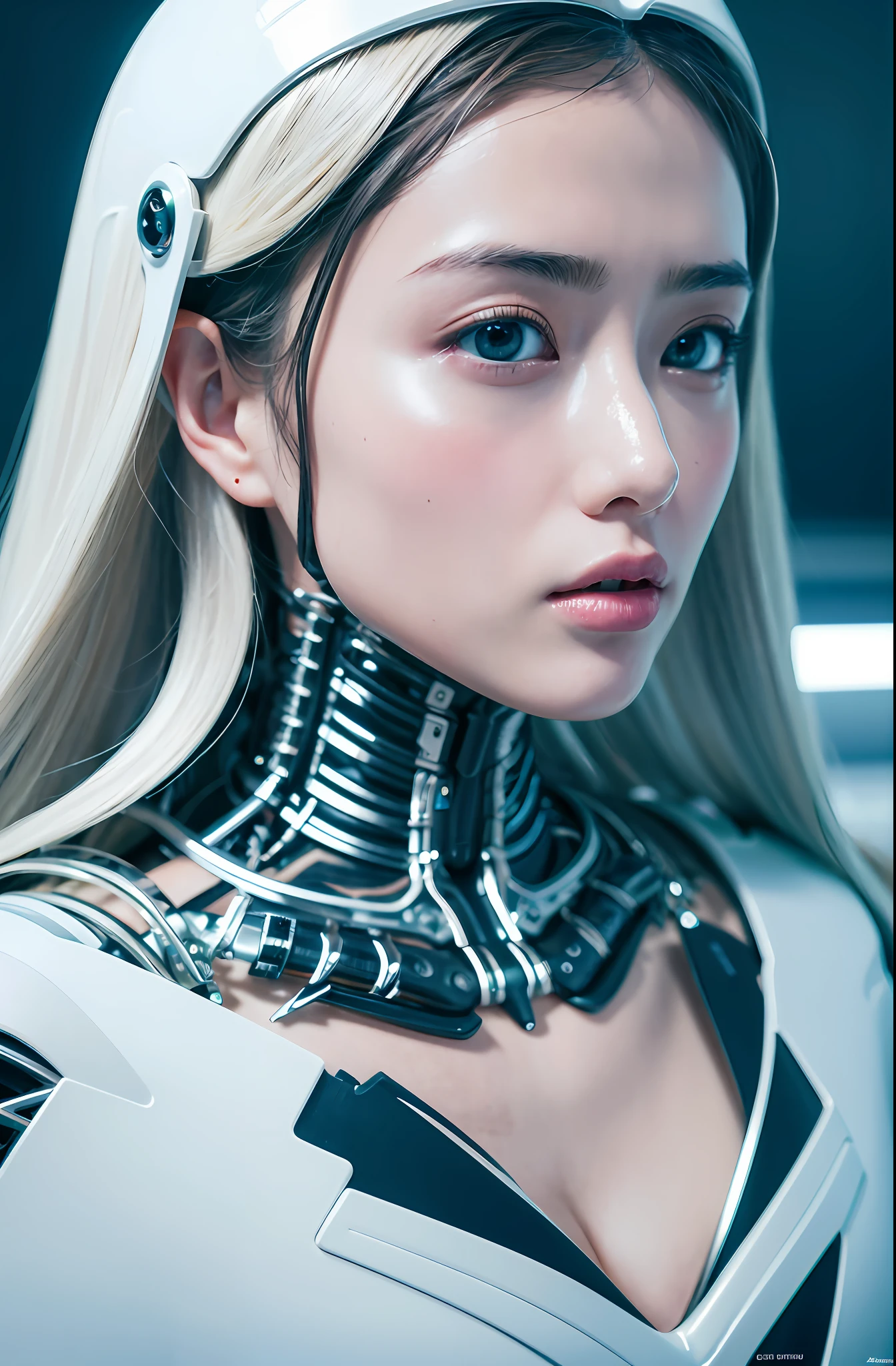 Complex 3d rendering ultra detailed beautiful porcelain profile female android face, cyborg, robot parts, 150mm, beautiful studio soft light, big breasts, rim light, vivid details, gorgeous cyberpunk, lace, surreal, anatomical, facial muscles, cable wire, microchip, elegant, beautiful background, octane rendering, HR Giger style, 8k, best quality, masterpiece, illustration, very delicate and beautiful, very detailed, cg, uniform, wallpaper, ( realistic, photorealistic: 1.37), fantastic, elaborate, masterpiece, best quality, official art, highly detailed cg unity 8k wallpaper, absurd, incredible absurdity, robot, silver halmet, full body, sit