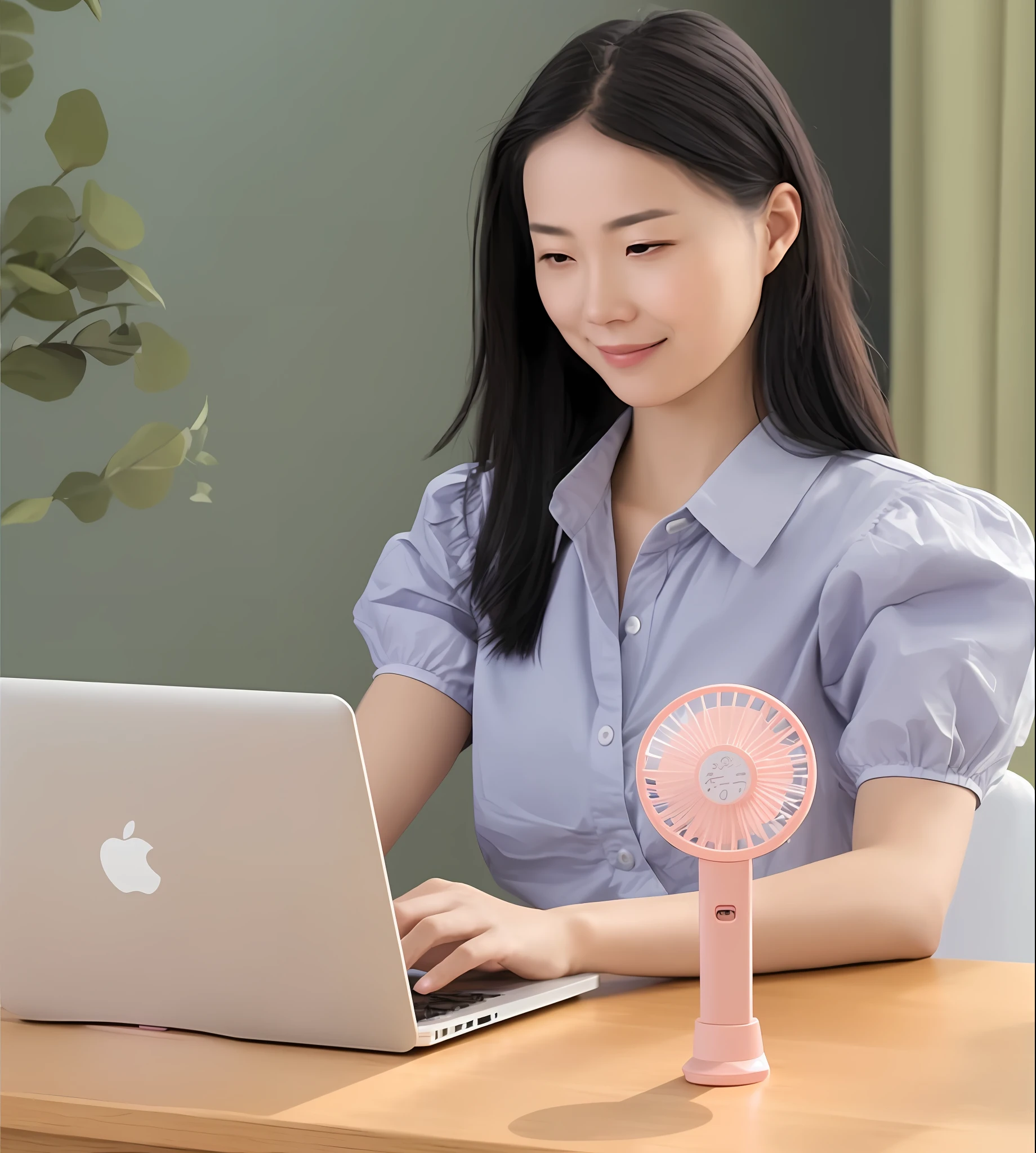 woman using a laptop computer with a fan on top of it, desk fan, fan favorite, inspired by Fan Qi, small gadget, holding a pair of fans. unreal 5, product introduction photo, fans hals, 4 8 0 p, 480p, product photo, (pink colors), in front of a computer, warm friendly expression