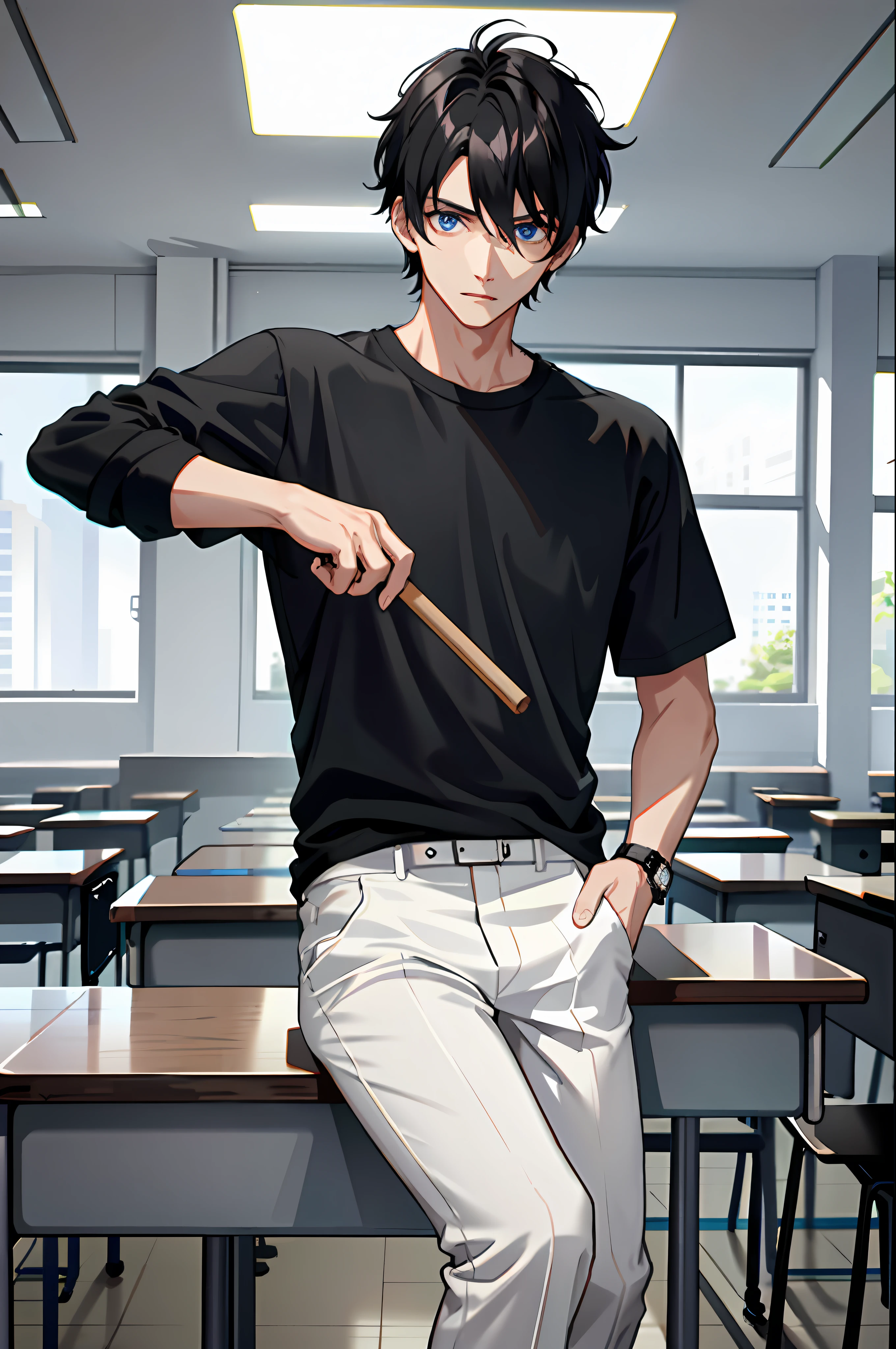 1boy, black hair, black shirt, blue eyes, pants, shirt, white pants, watch, messy hair, 8k resolution, classroom, shabby classroom, fierce, with a stick in hand