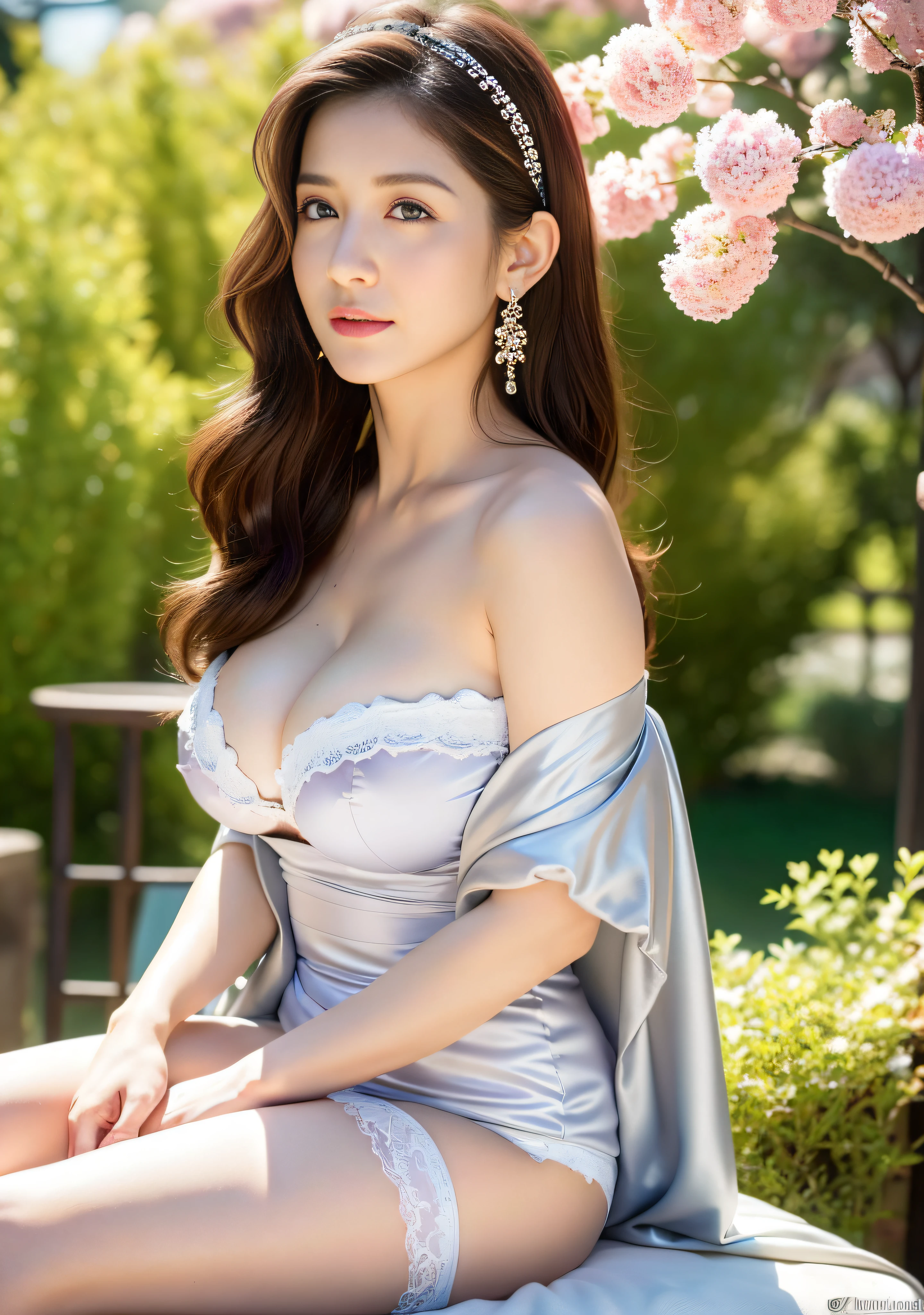 Marian Rivera, 30 years old, ((gigantic breast:1.3)), nipple accesories, ((Full body:1.2)), lying and Sitting on sofa under sakura trees, wide open legs, feet, dynamic pose, slim body, big ass:1.3, bokeh, naughty faces, ((bite her lower lips)), sweat, wet body, ((white mucus on her breast)),glamour, natural make up, pink lips,(Best Quality, 8k, 32k, Masterpiece, UHD: 1.3), 8K, Nikon Z 85mm, ((best quality)) ((masterpiece)), intricate details, sharp focus, professional, photorealistic, real life, ultra realistic, photorealism, ((Masterpiece: 1.3)), Focus: 1.2, (masterpiece, best quality, ultra-detailed), (illustration), (beautiful detailed eyes), ((very detailed face)), long hair, brown hair, , ushiwakamaru , \(fate\), trending on cgstation, wearing tear silver satin lace robe, simple headband, diamond earings, simple diamond necklace, see trough strapless bra, thighs, view ass from behind, outdoor hotel, morning, sun light